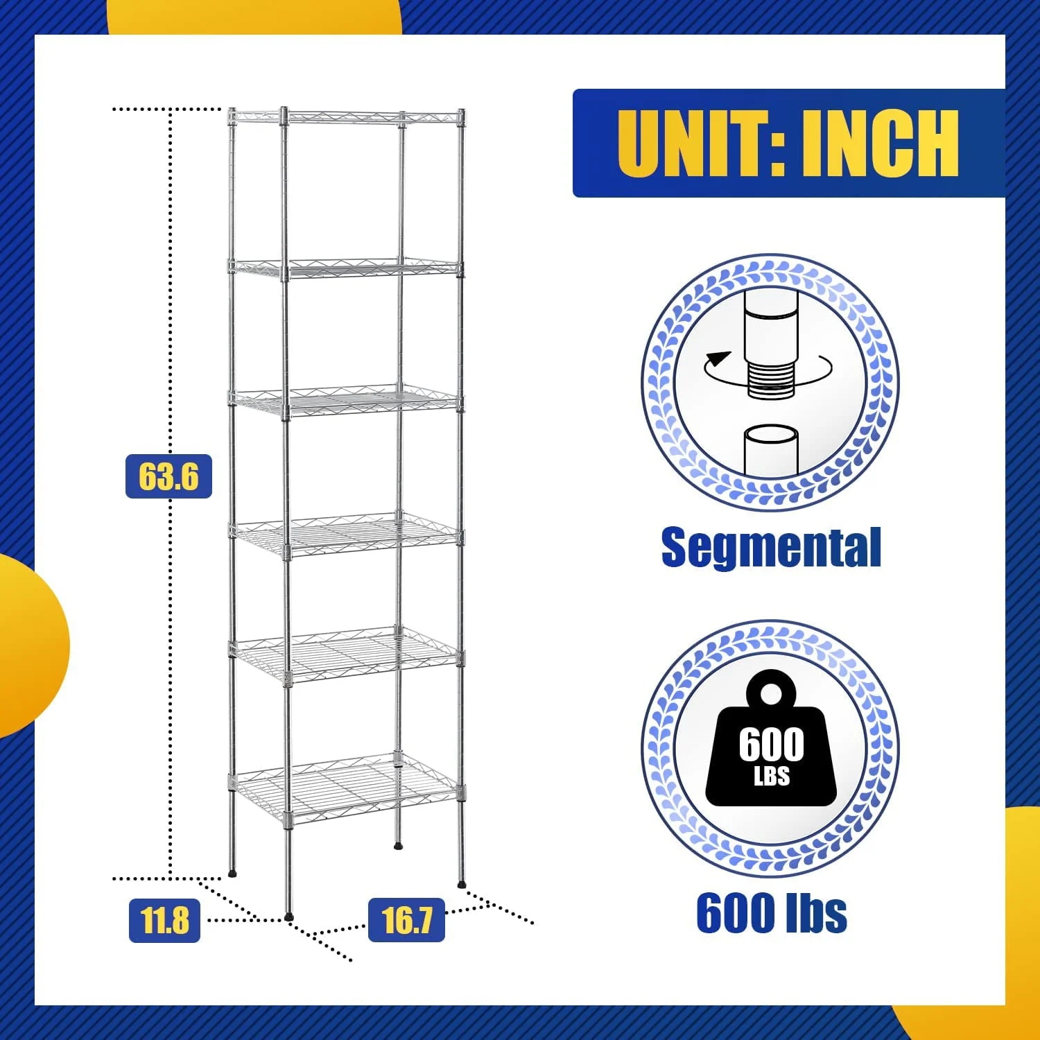 FDW Adjustable Storage Shelves Metal Storage Shelf fo adults(Chrome, 16.7L×11.8W×63.6H) - Image 3