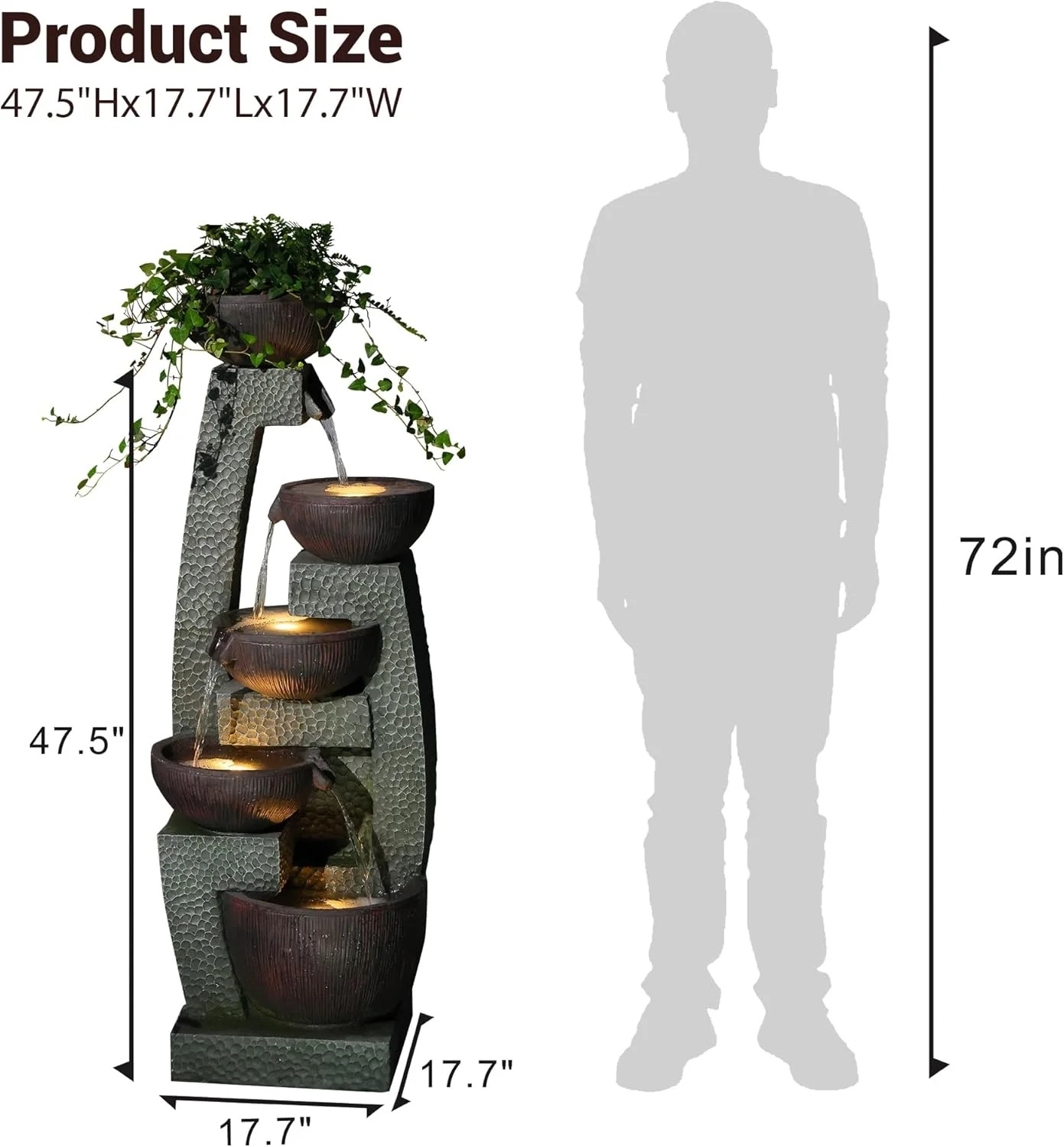 47.5" H Water Fountain Outdoor with LED Lights & Pump, 5-Tier Cascading Outdoor Fountain for Garden,Patio,Porch,Backyard,Home Art Decor Gifts for Housewarming - Image 2
