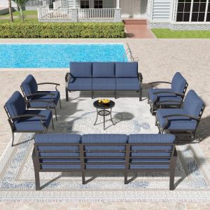 Gotland Aluminum Patio Furniture Set,7 Pieces 10 Seat Metal Outdoor Furniture Conversation Set w/Swivel Chairs,Navy Blue