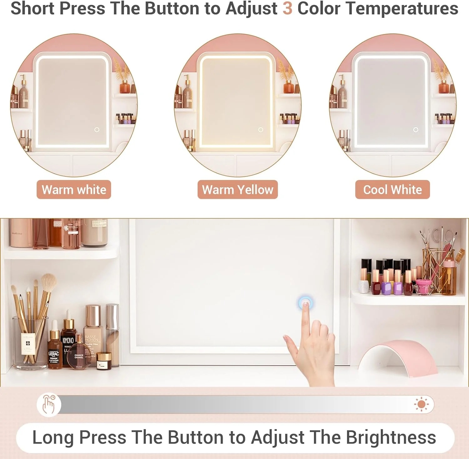 iSunirm Vanity Desk with Mirror and Lights, Makeup Vanity with 2 Drawers, Vanity Table Set with 3 Color Adjustable Lighting Options, Modern Dressing Table with Shelf, for Bedroom, Pink - Image 14