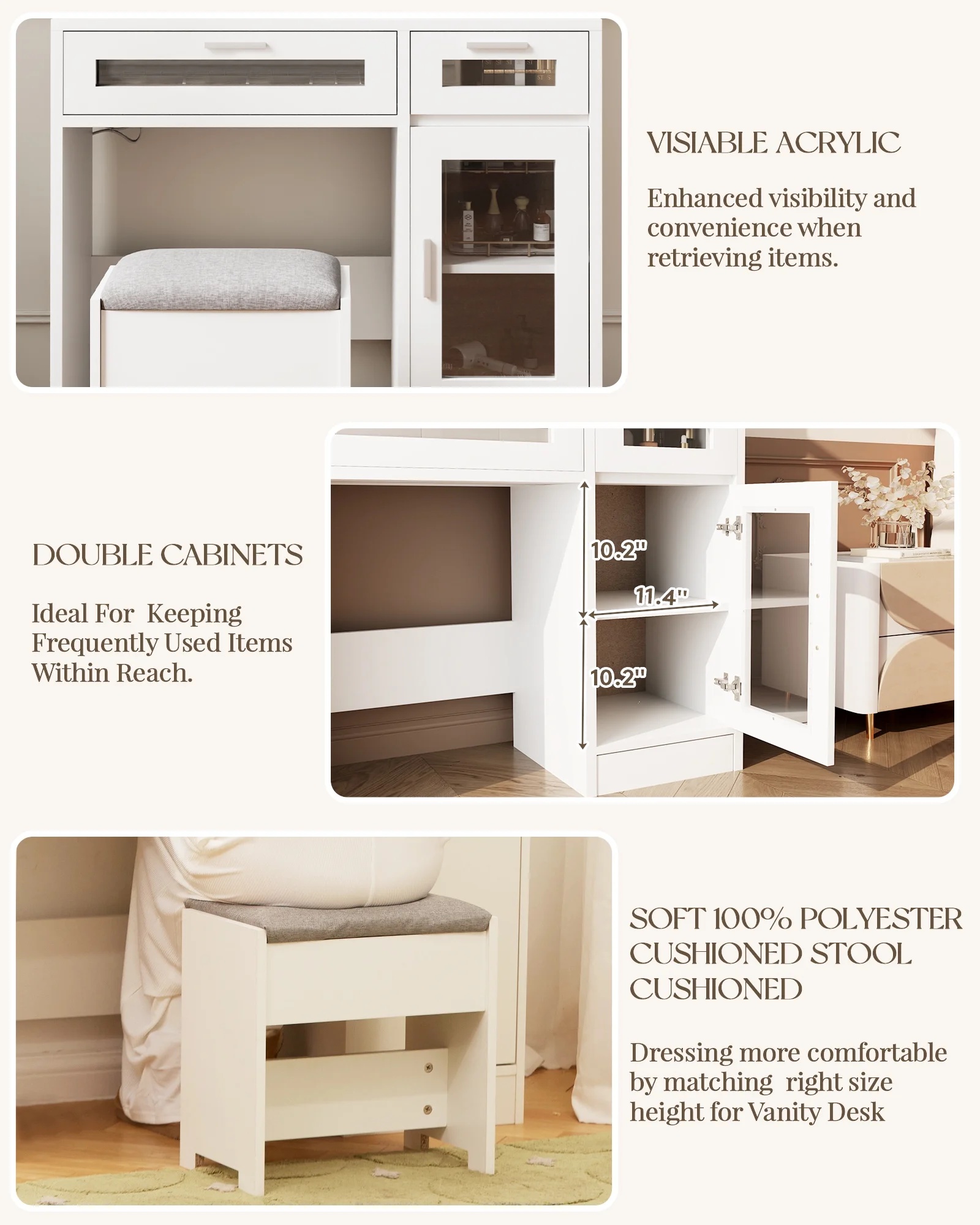 LIVELYGLOW Vanity Desk with Mirror and Lights, Makeup Vanity with Drawer & Storage Shelves, Cabinet, 3 Lighting Modes Adjustable Brightness,White - Image 56
