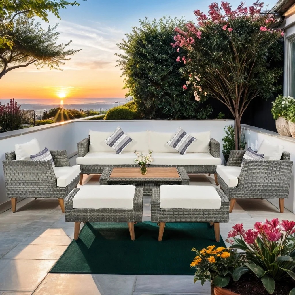 6 Pieces Wicker Patio Furniture Set Outdoor Conversation Set, All Weather PE Rattan Sectional Sofa Couch with Storage Table and Cushions, Beige - Image 6