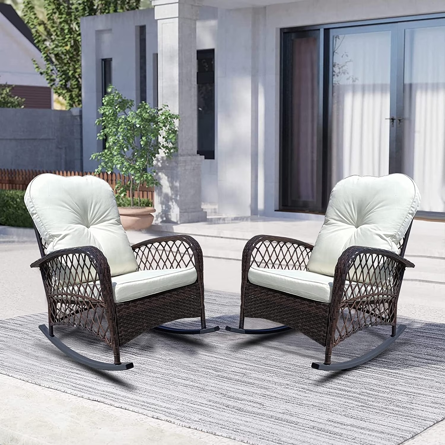 Furniture One 2 Piece Outdoor Wicker Rocking Chair, Patio Rattan Rocker Chair with Cushions & Steel Frame, All-Weather Rocking Lawn Wicker Furniture for Garden Backyard Porch