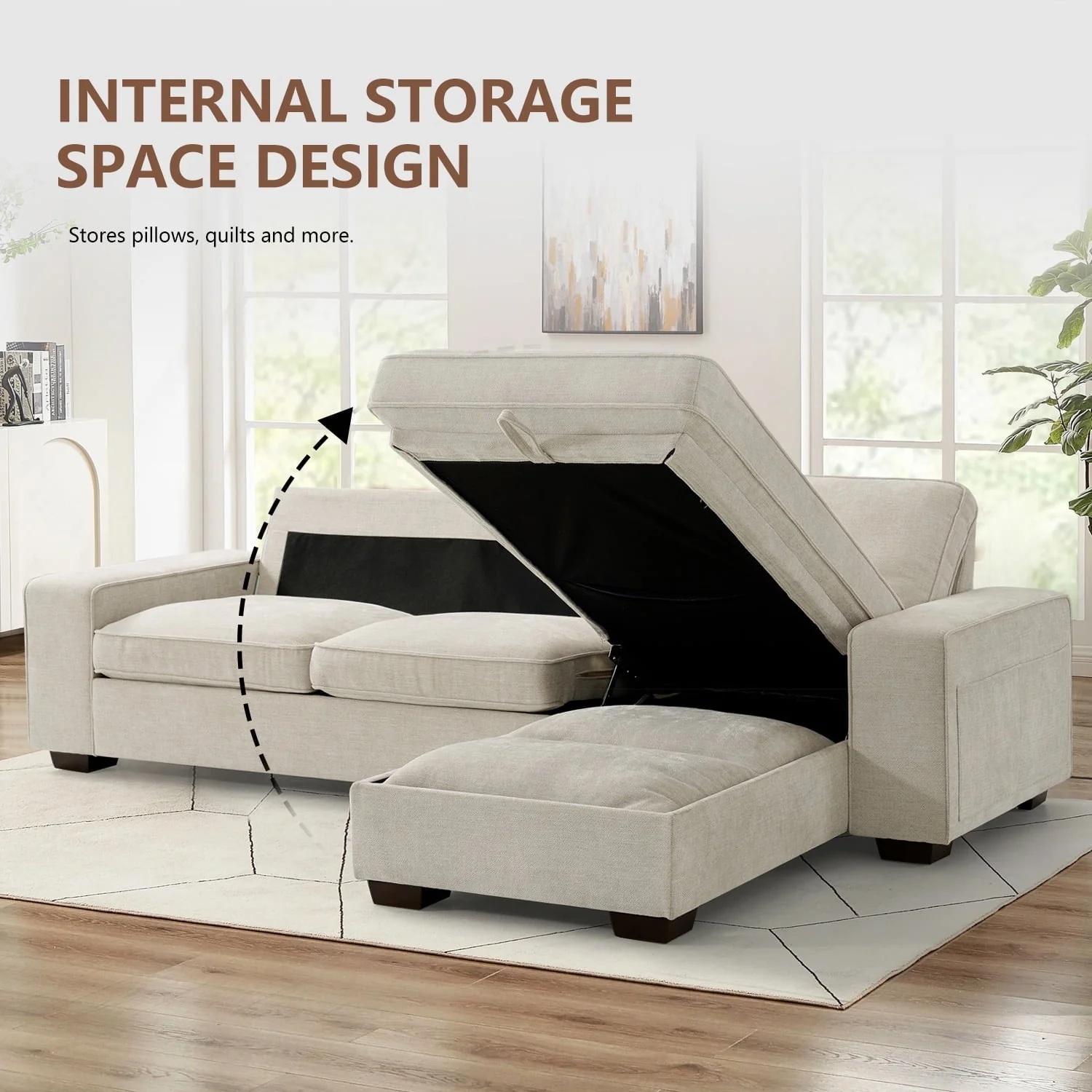 ASHOMELI 98.45'' Convertible Sectional Sofa,L Shaped Couch,Multi-Functional Reversible Sofa with USB and Type-C Charging Ports, Storage Space, Breathable Fabric - Image 3