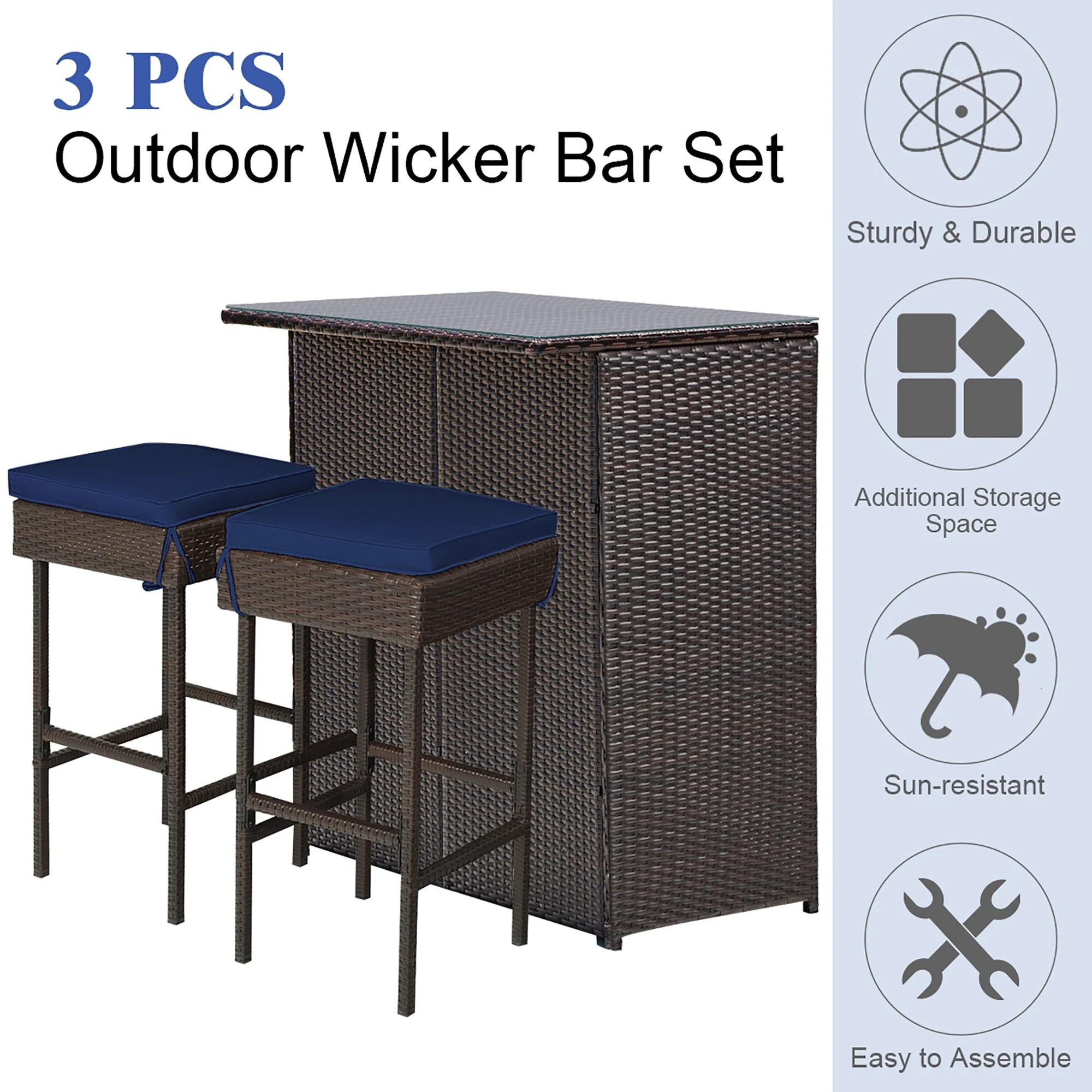 Costway Patio 3PCS Rattan Bar Table Stool Set Cushioned Chairs with Gray & Off white Cover - Image 17