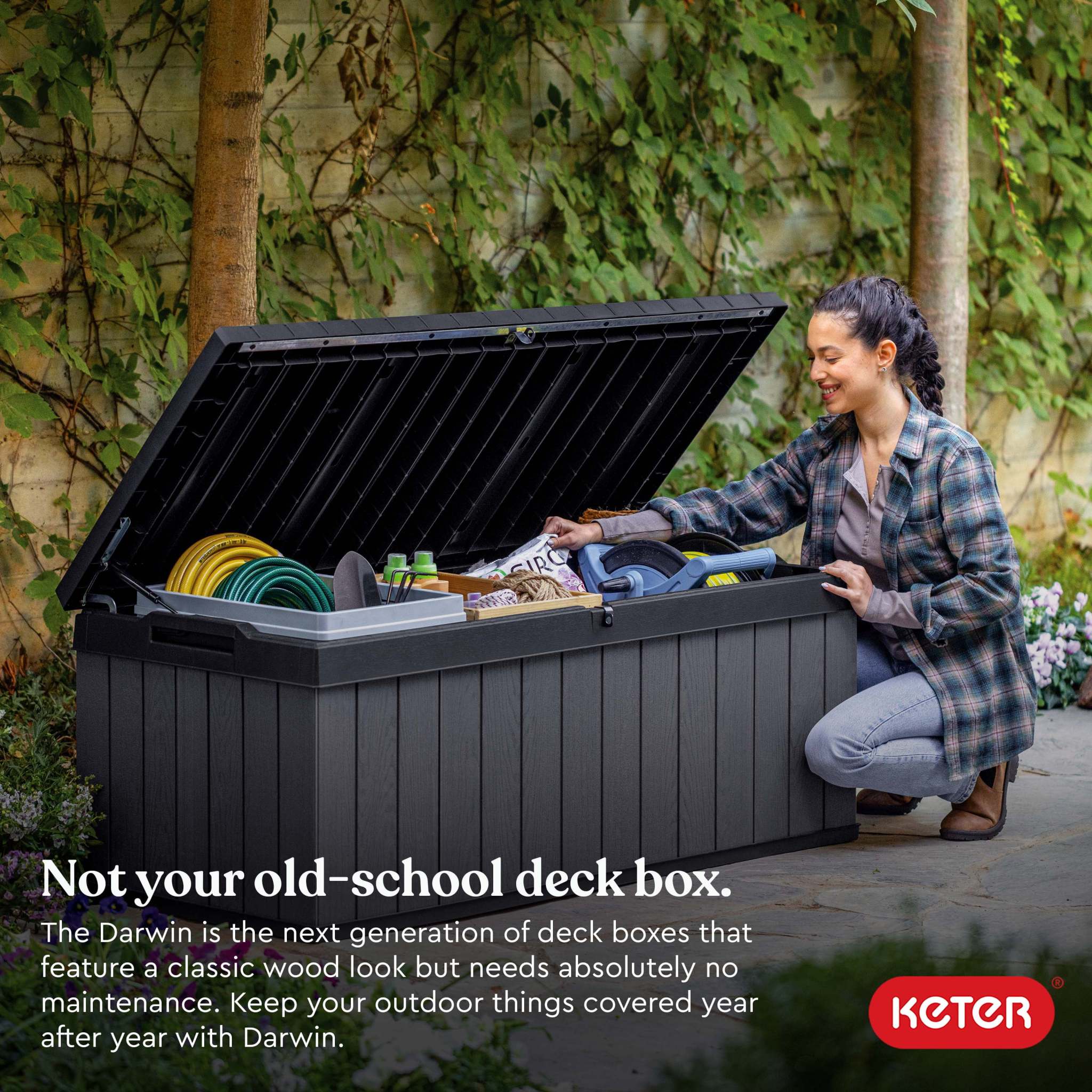 Keter Darwin 100 Gallon Large Resin Deck Box for Patio Outdoor Storage, Grey - Image 9
