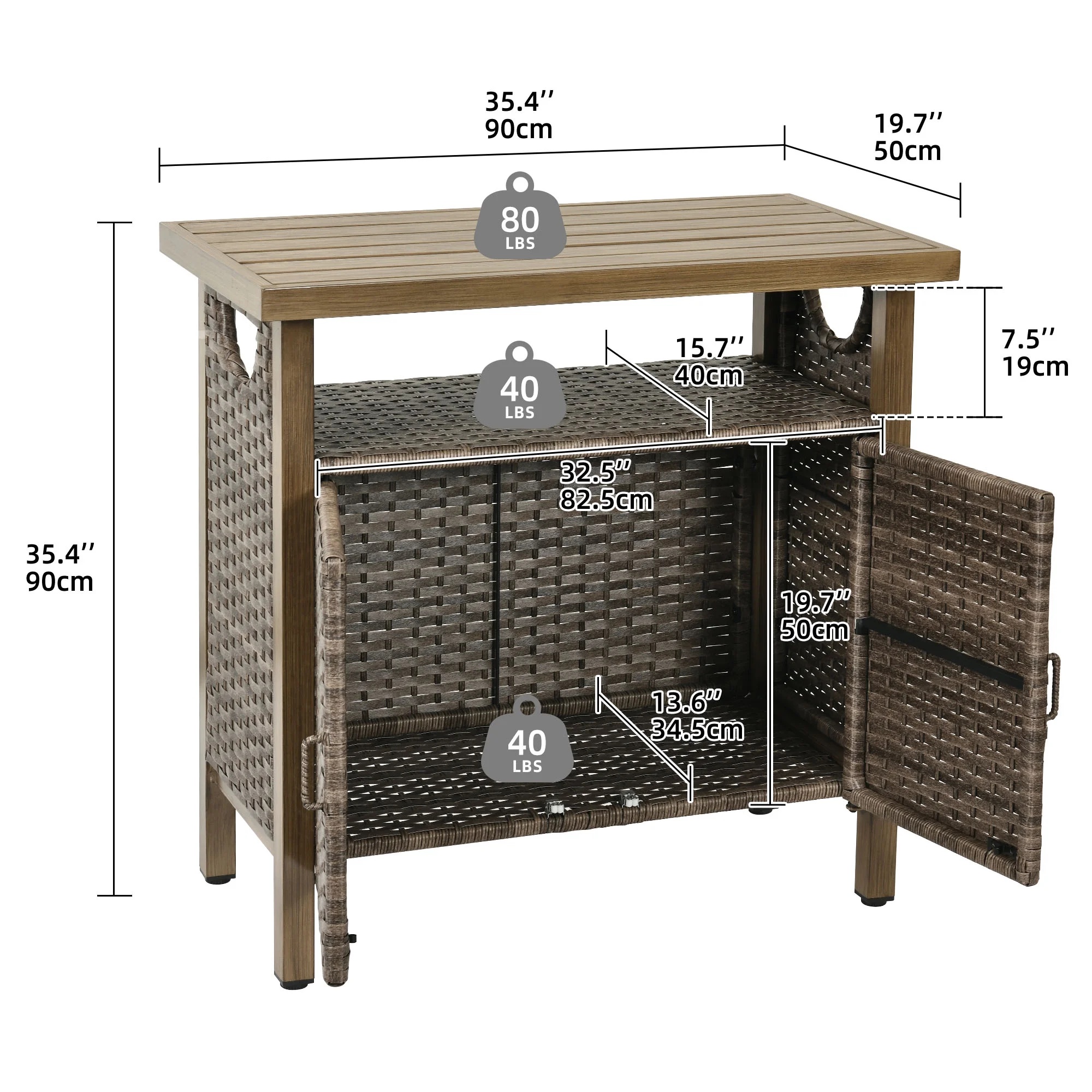 DWVO Outdoor Garden Patio Wicker Storage Cabinet with with 2 Doors and Shelves, Wicker Bar Table, Rattan Counter Table,Deck Box - Brown - Image 5