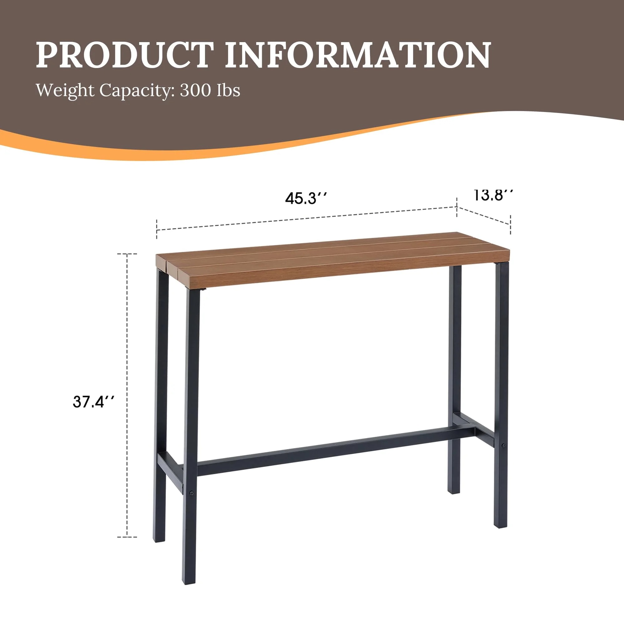 Vicllax Patio Rectangle Bar Table Metal Modern Style for Porch Garden (45.3"Lx13.8"Wx37.4"H) - Image 7