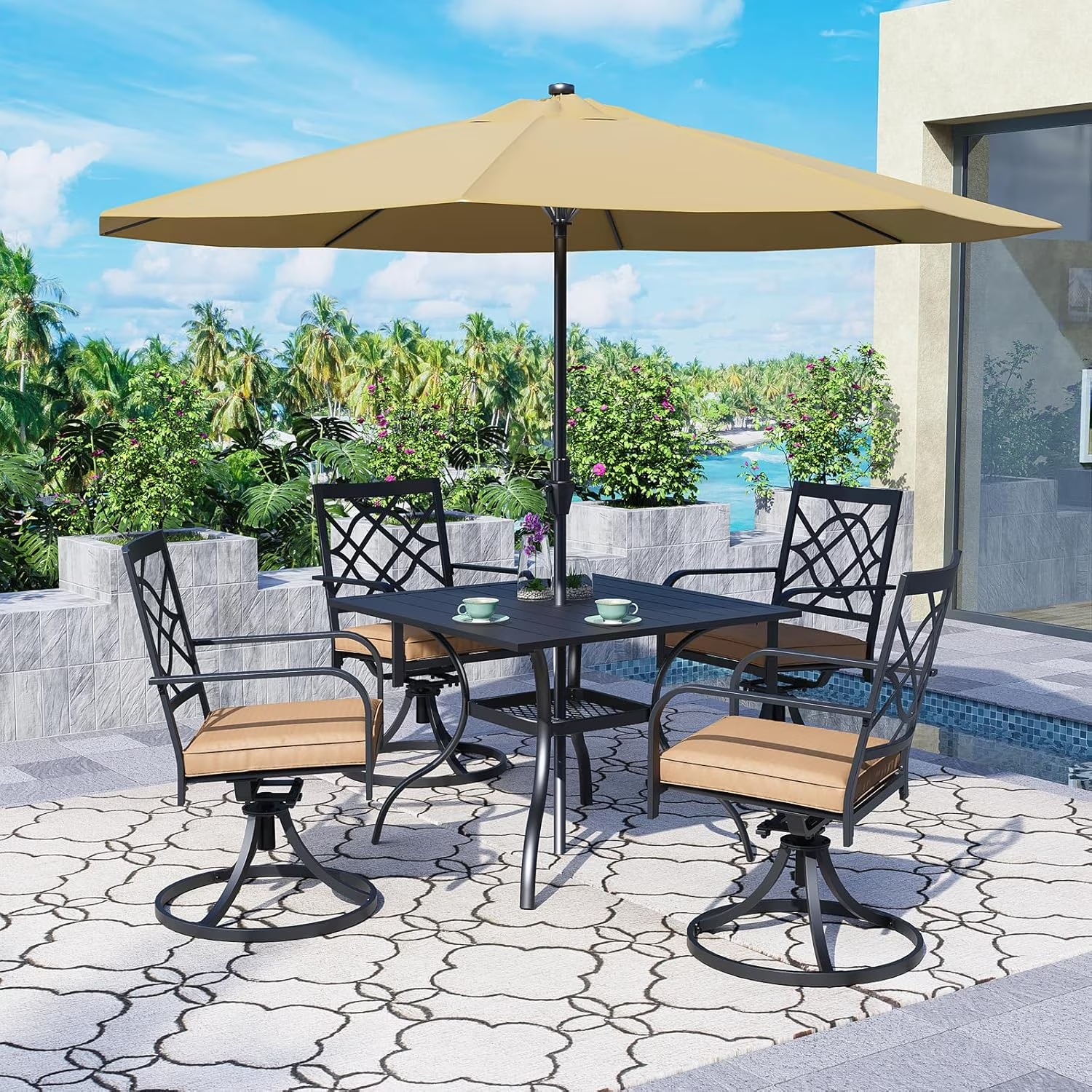 SUNCROWN 7-Piece Outdoor Wrought Iron Chairs and Table Patio Dining Furniture Set - 6 Stackable Metal Chairs, 1 Steel Slat Bistro Table and 1 Brown 9Ft Patio Umbrella for Garden Backyard Deck - Image 3