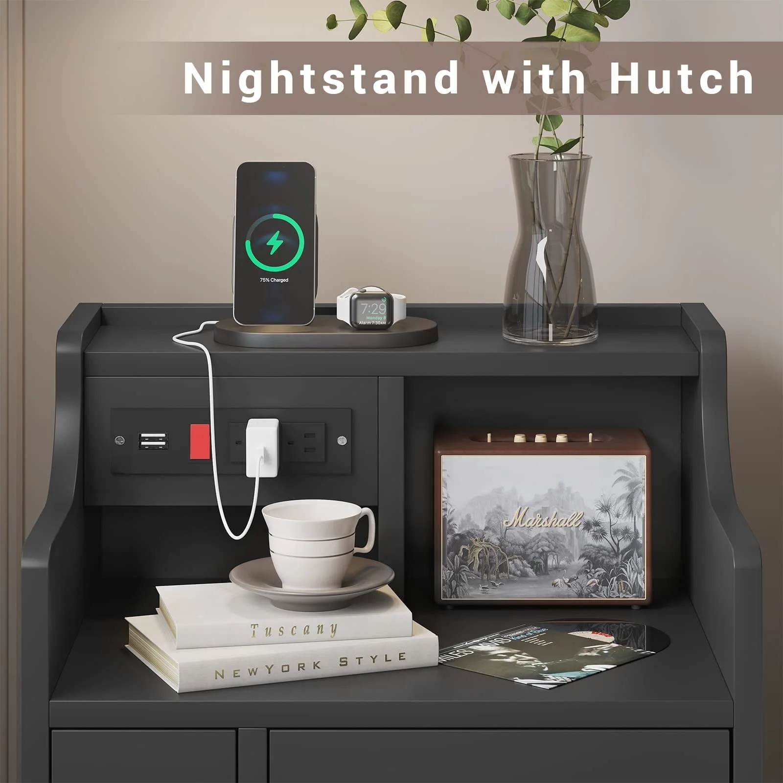 Nightstand with 3 Storage Drawers and Hutch, Black Night Stand with Charging Station End Side Table with 1 Door, Modern Bedside Table for Bedroom - Image 3