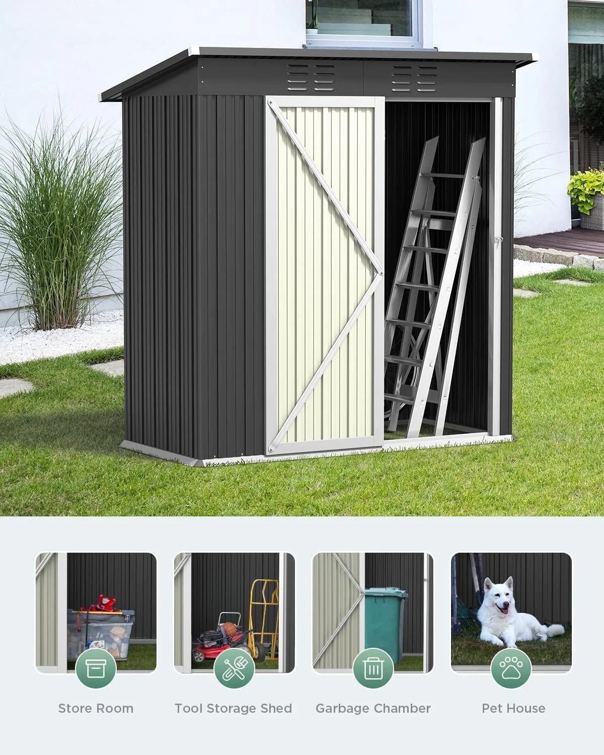 5' x 3' Outdoor Storage Shed, Metal Outdoor Storage Cabinet with Single Lockable Door, Waterproof Tool Shed,Gray - Image 6