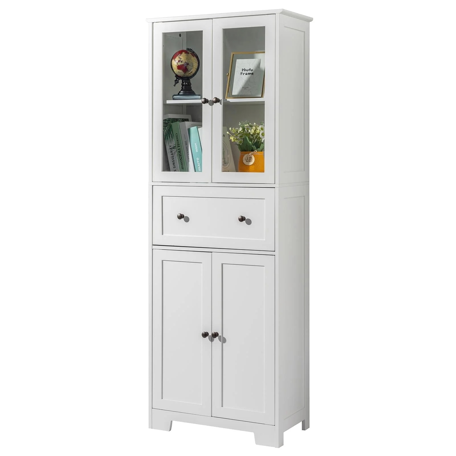Ktaxon 64" Tall Bathroom Storage Cabinet Organizer, Freestanding Kitchen Pantry Cabinet Line Tower with 2 Glass Doors, Large Drawer & 4 Adjustable Shelves for Dining Room Living Room Home Office,White - Image 17