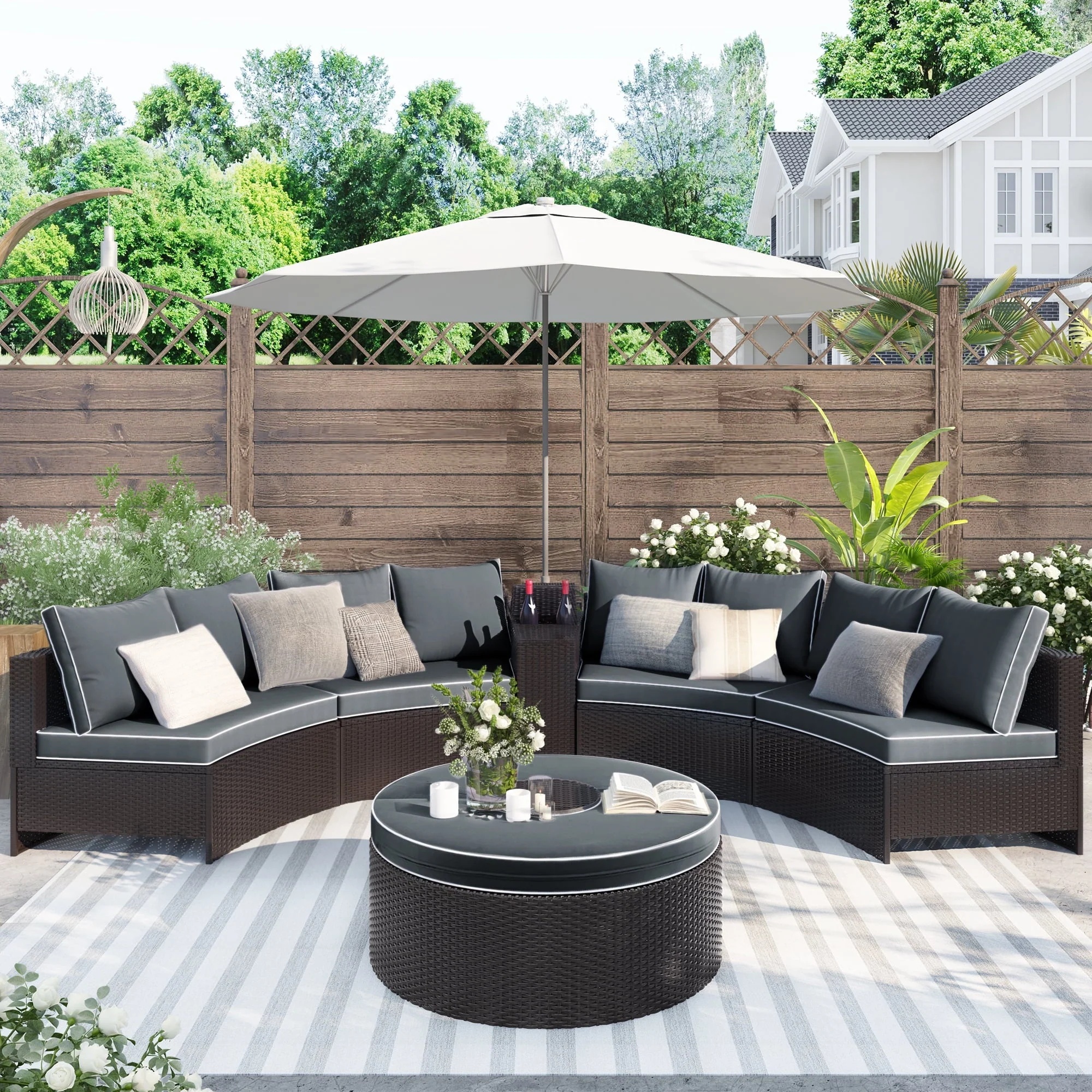 BTMWAY 6 Piece Outdoor Patio Sofa Furniture Set, BTMWAY PE Wicker Half Moon Outdoor Sectional Sofa Set with Side Table for Umbrella, Multifunctional Round Table, Gray Cushions, Pillows, Brown Rattan - Image 2