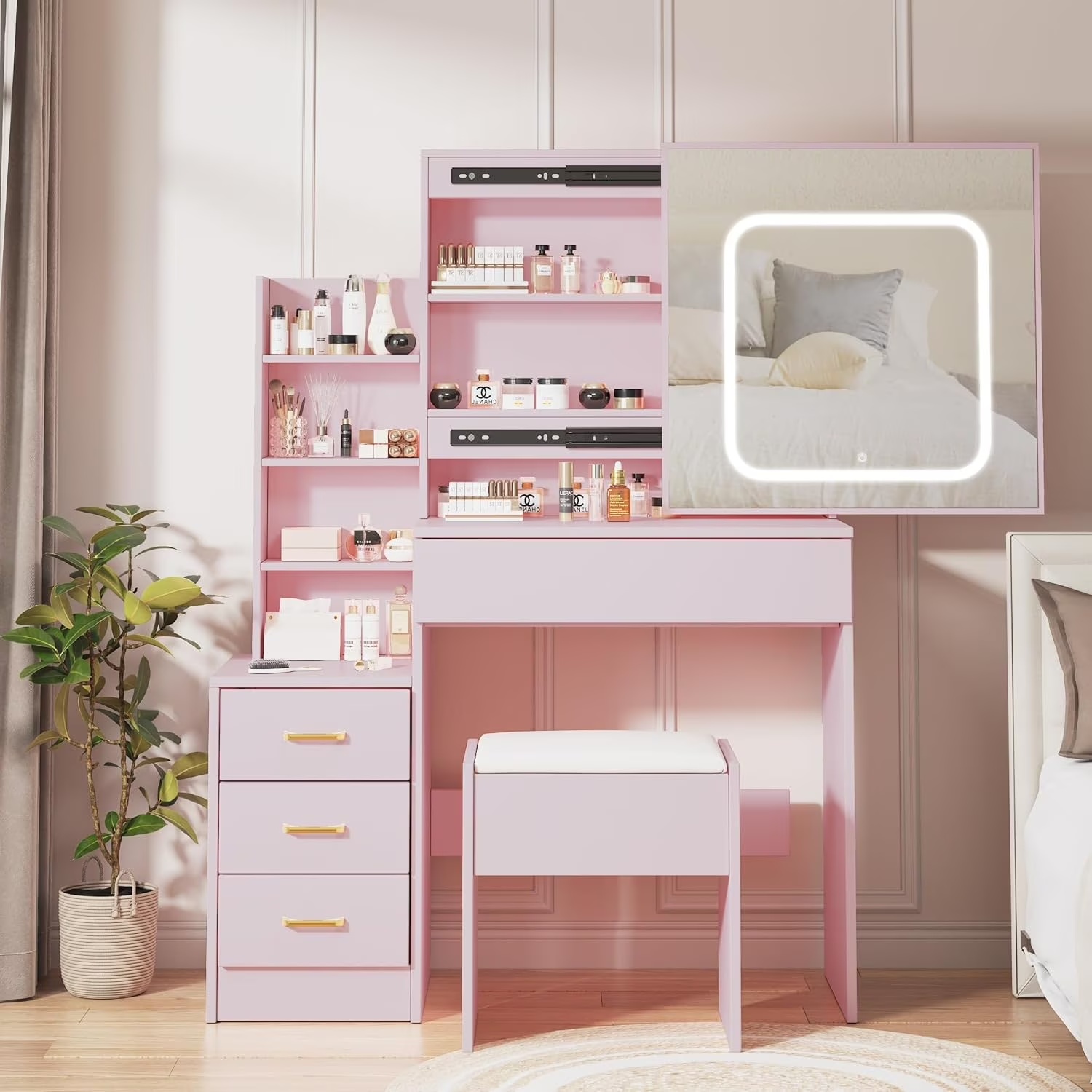 Vanity Desk with Sliding Mirror and Lights, Makeup Vanity Set with Power Outlet, 4 Drawers, Stool, Open Shelves, 3 Color Lighting Modes, Brightness Adjustable, Makeup Dressing Table for Bedroom - Image 3
