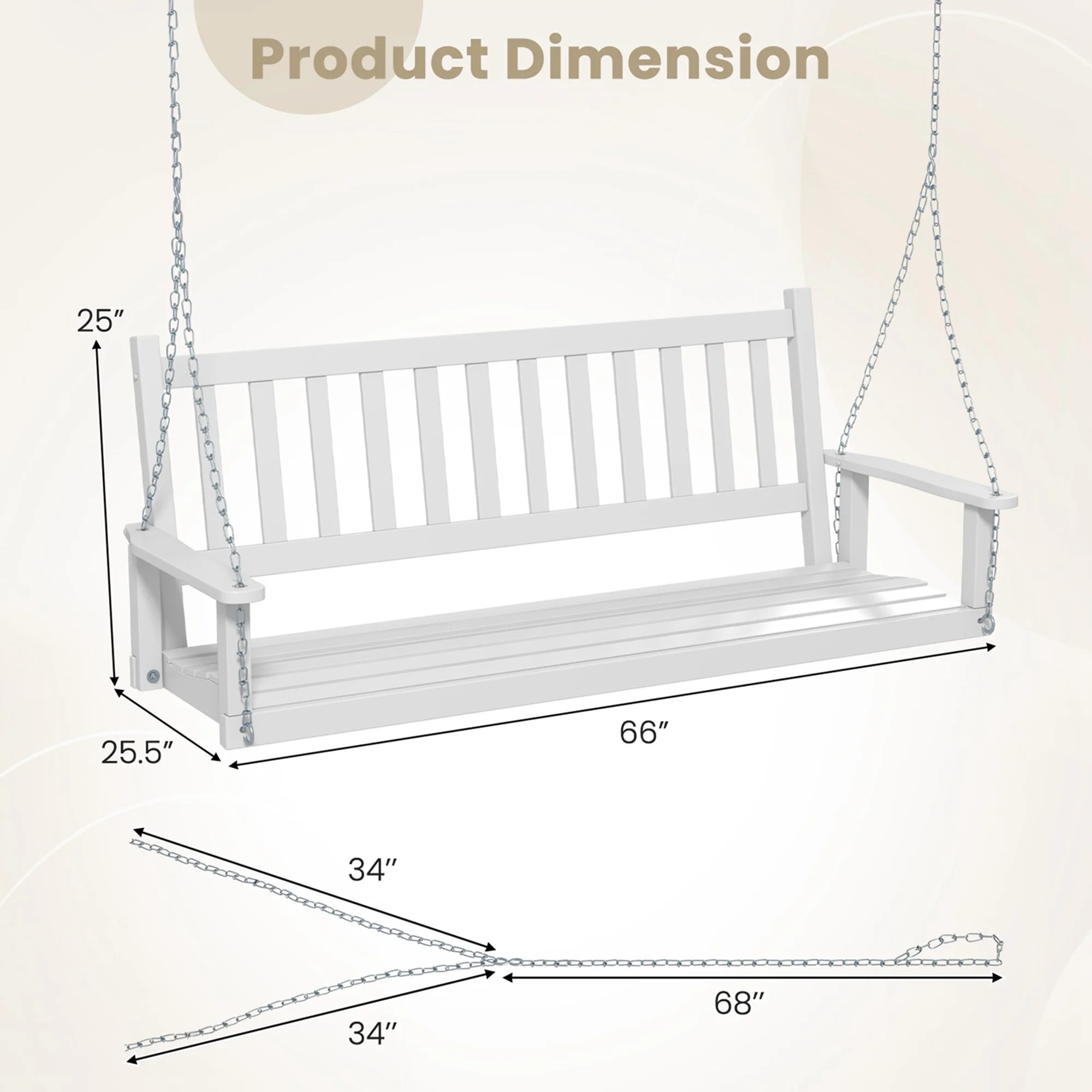 Costway 3-Person Wooden Outdoor Porch Swing Heavy Duty Patio Hanging Bench Chair White - Image 6