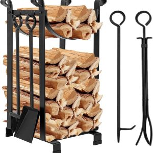 Amagabeli 30.7in Tall Fireplace Log Rack with 4 Tools Indoor Outdoor Firewood Holders Lumber Storage Stacking Black Wrought Iron Logs Bin Holder for Fireplace Tool Black