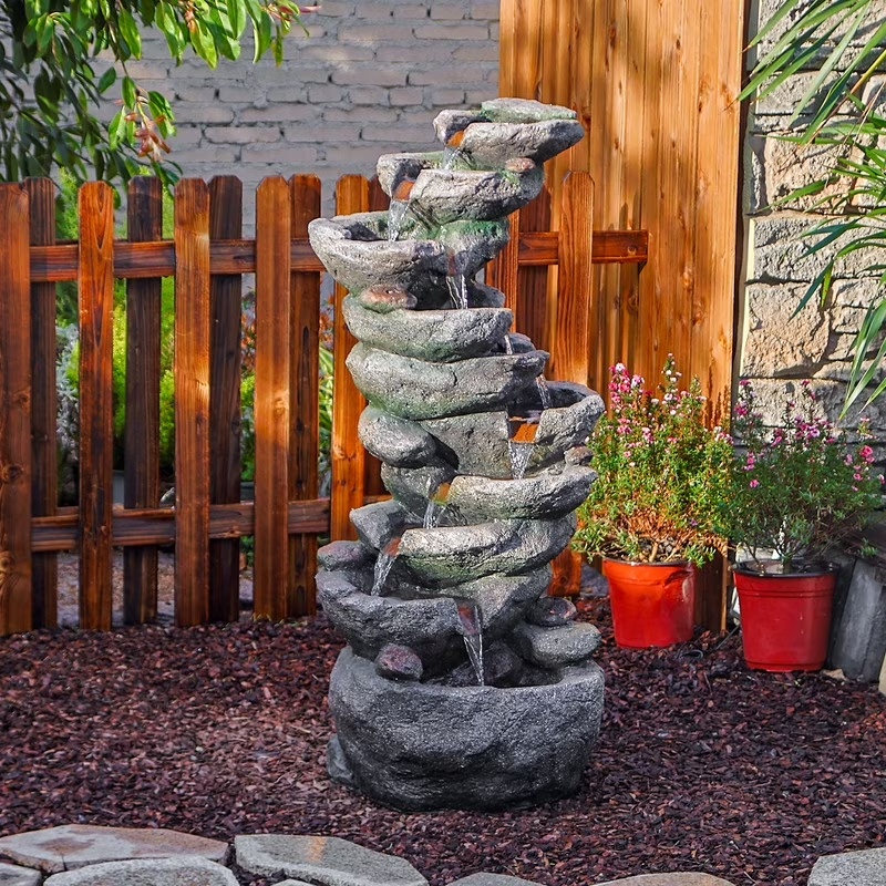 10-Tier Rock Waterfall Fountain -C 39.76" Cascading LED Feature for Garden & Patio