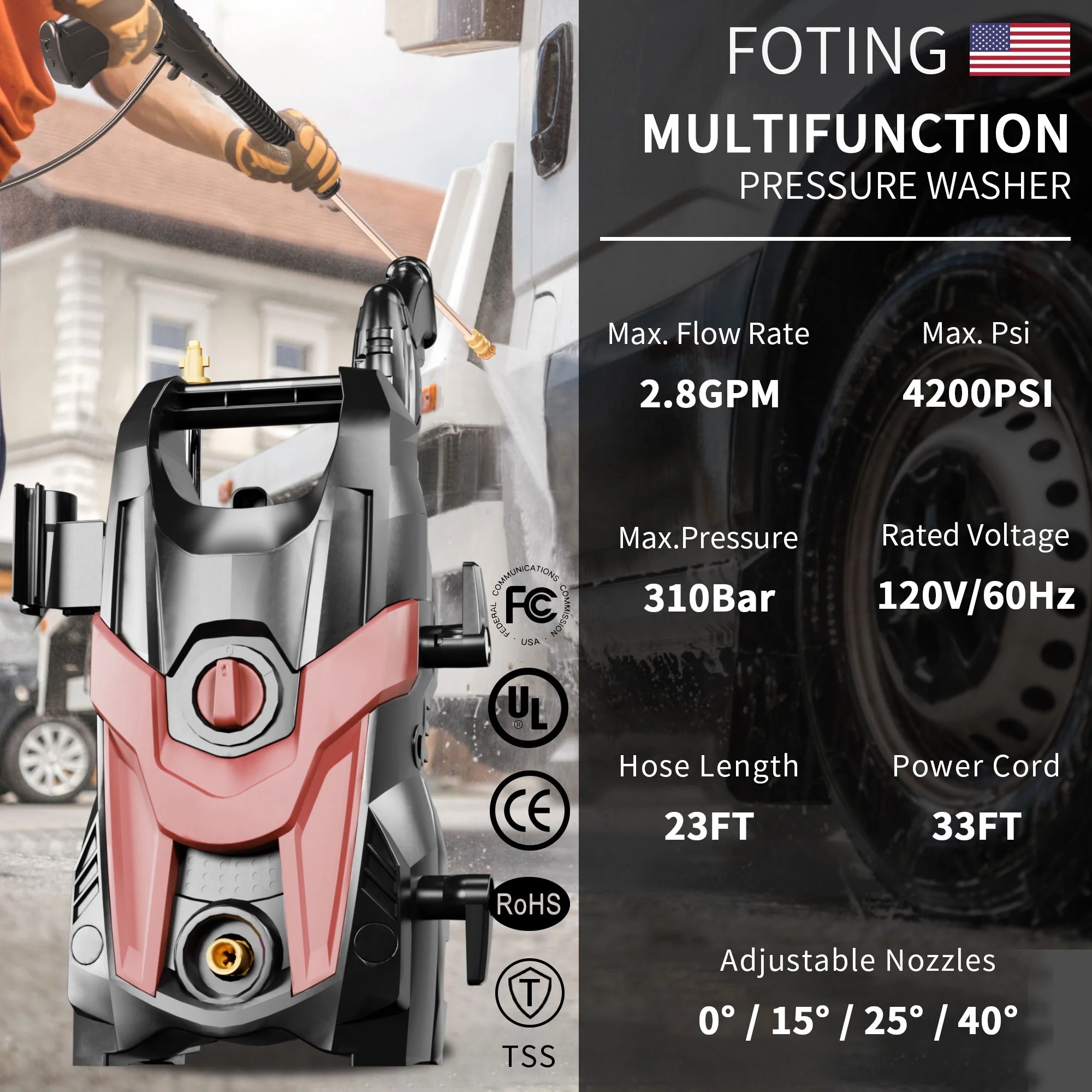 2024 Upgraded Electric Pressure Washer 4300 PSI 2.8 GPM Power Washer with Extra Hose, 23ft Hose 35ft Power Cord, 4 Nozzle and Detergent Tank for Cars, Fences, Patio - Image 10