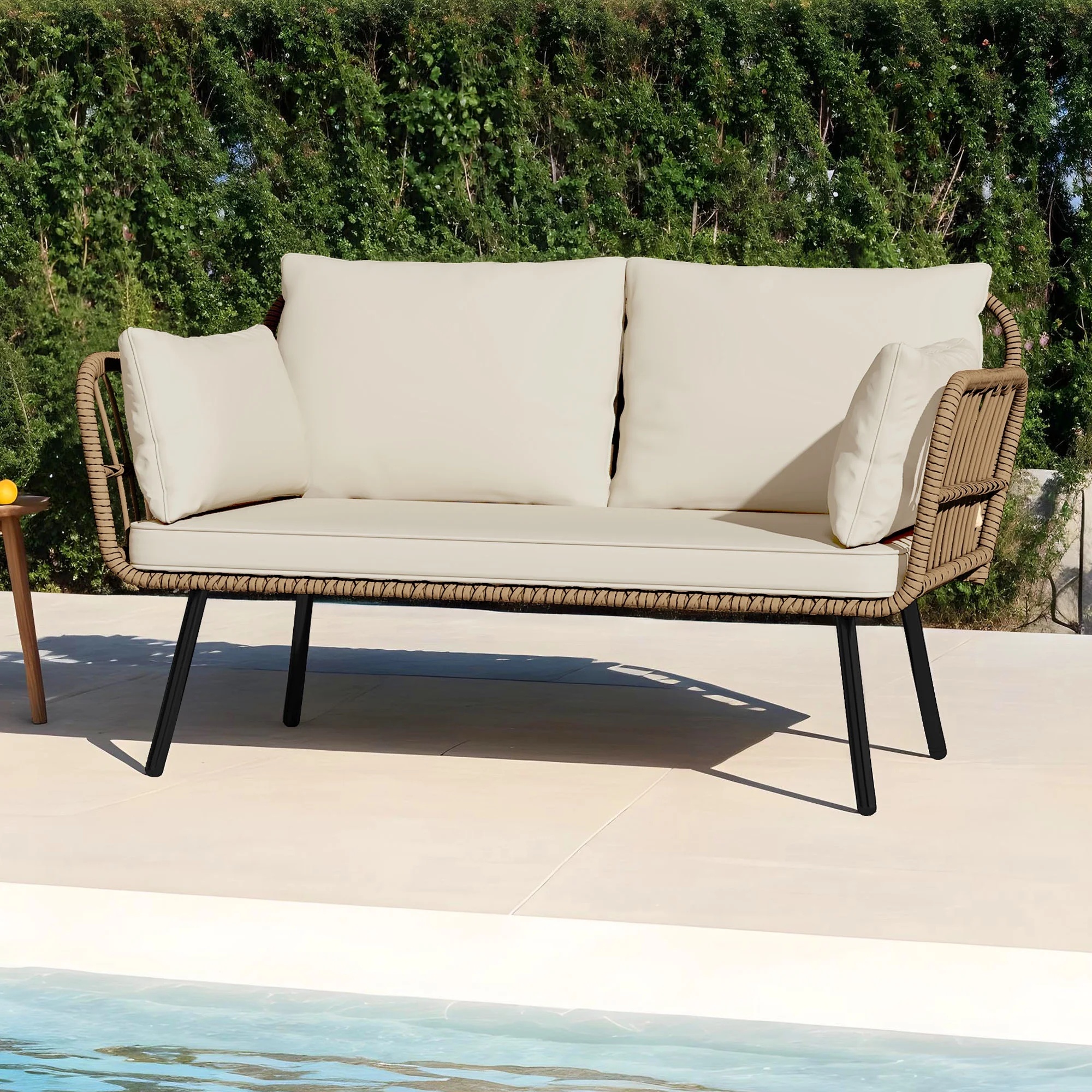 Uforic Outdoor Wicker Loveseat with Cushions and Rattan Side Table, All-Weather 2 Pieces Bistro Patio Conversation Furniture Set -Beige - Image 24