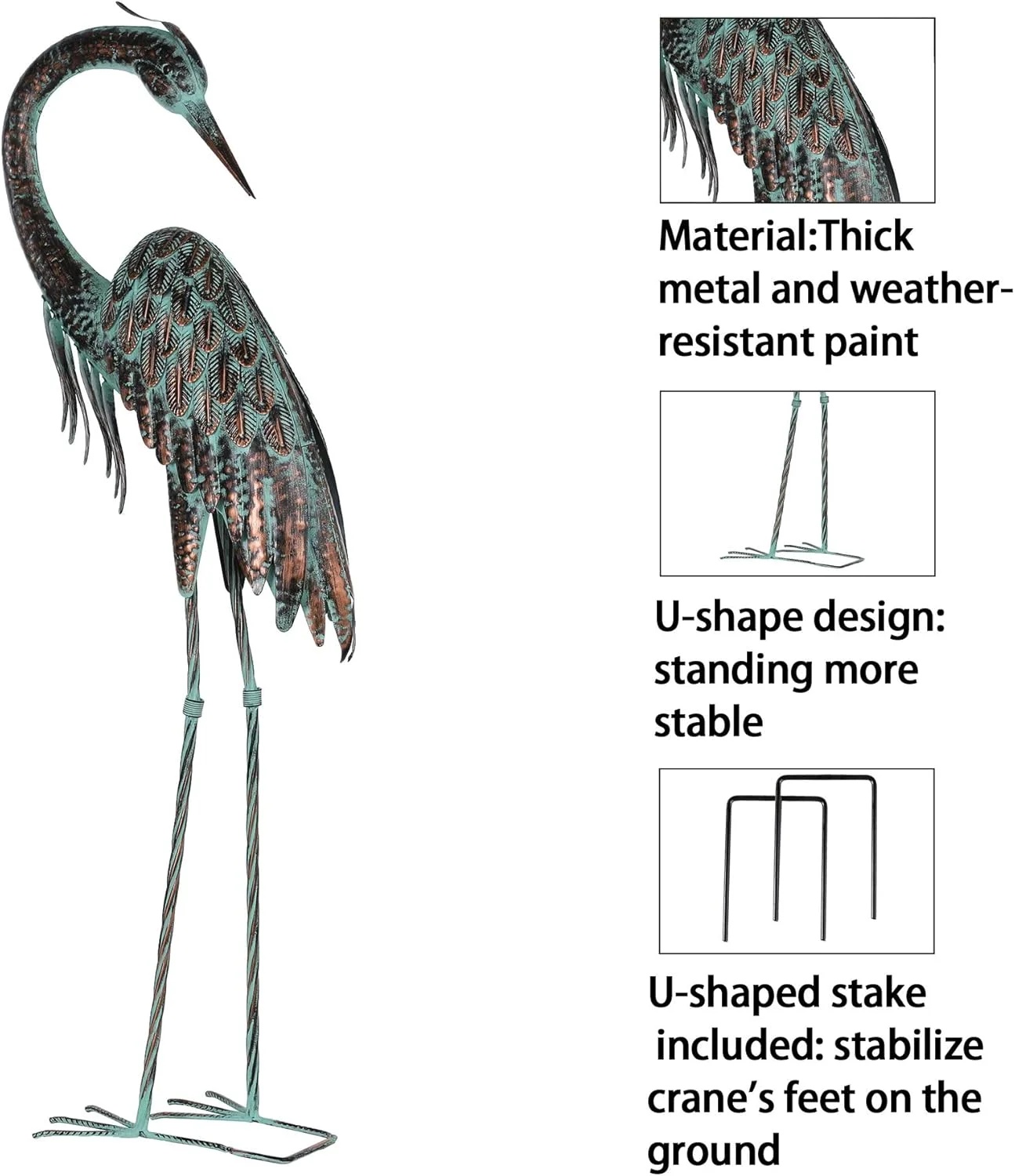 Garden Crane Statues, Standing Metal Patina Heron Decoy Outdoor Statue, 42-46 Inch Bird Yard Art for Patio Lawn Pond, Set of 2 - Image 7