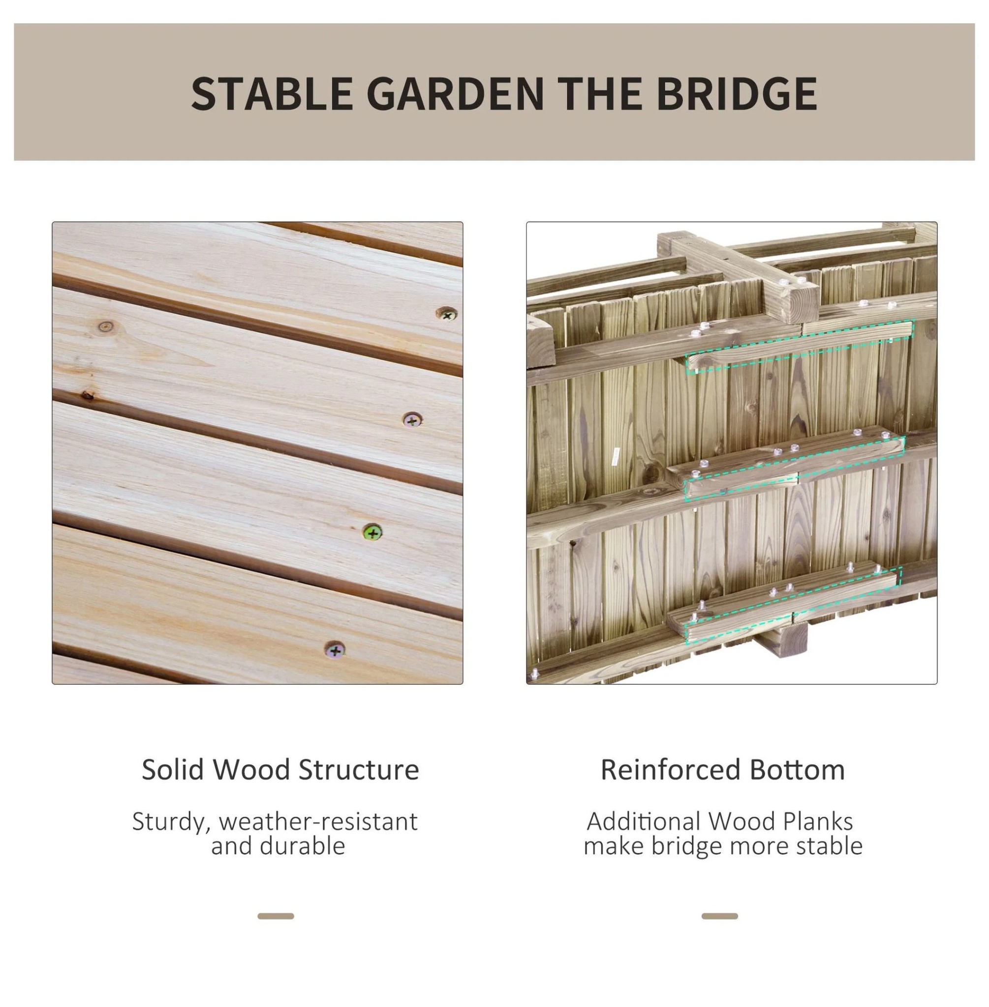 5 ft Wooden Garden Bridge Arc Footbridge with Railings - Natural Wood Backyard Decor - Image 6