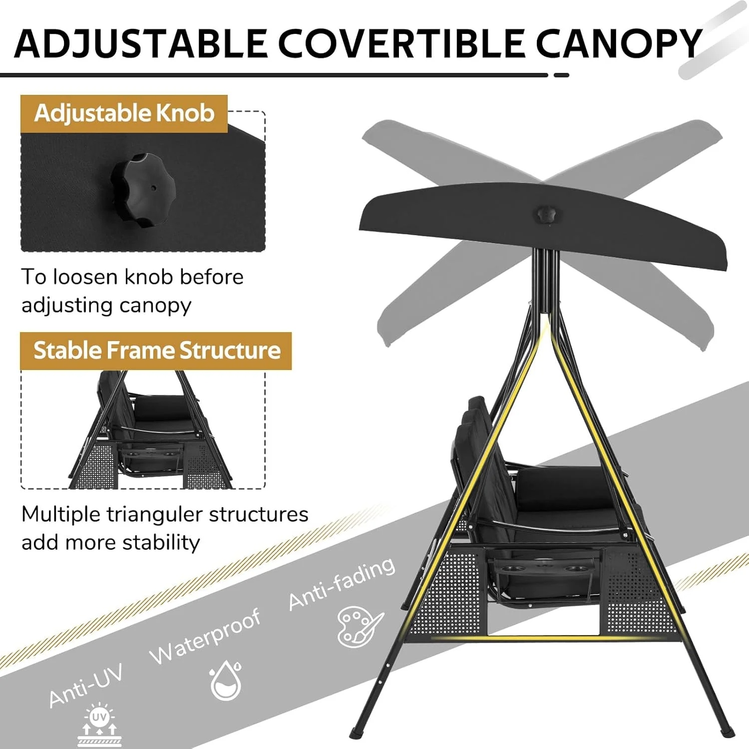 AECOJOY 3 Persons Outdoor Patio Canopy Steel Porch Swing Chair-Beige, Porch Swing - Image 16