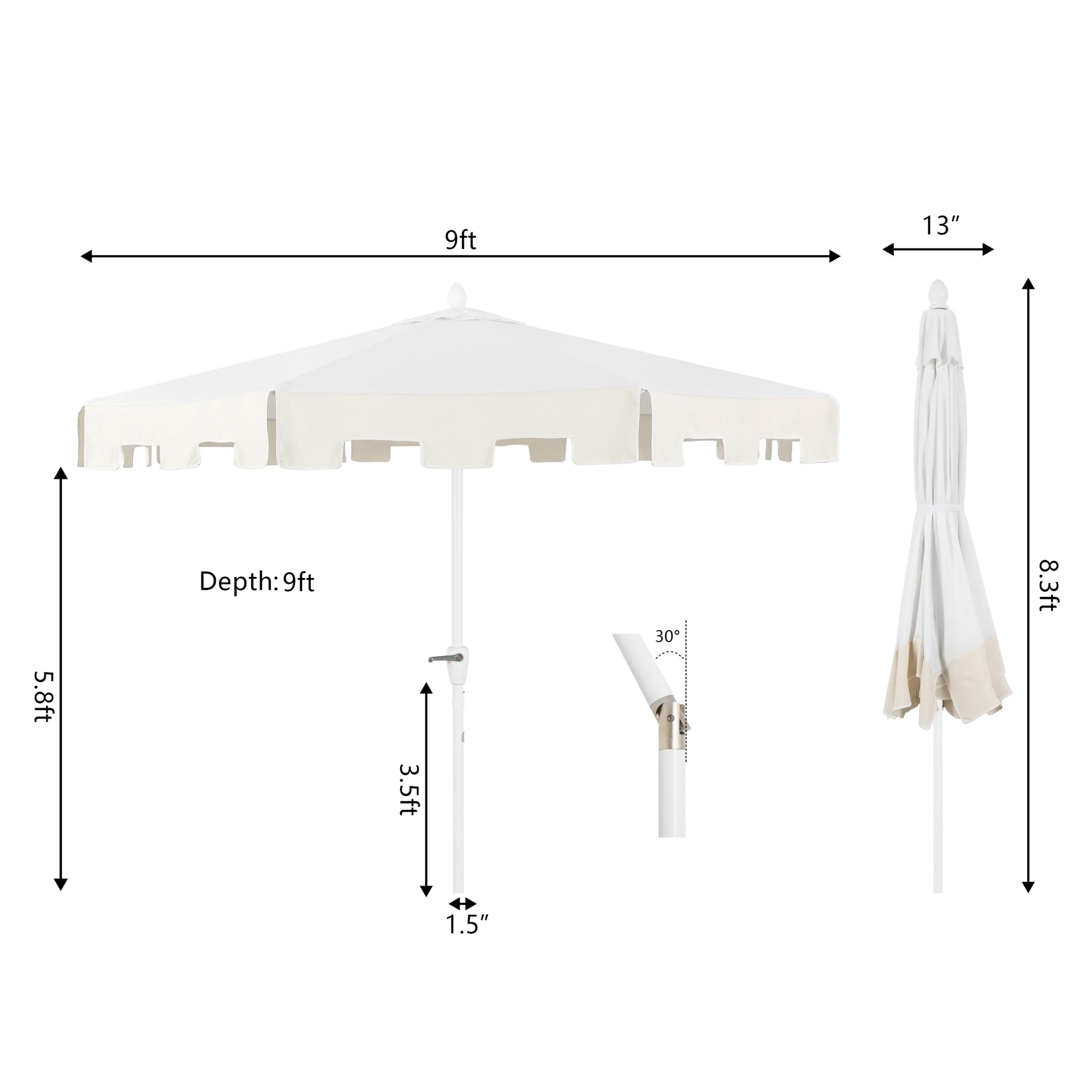 JONATHAN Y Baiona 9 ft. Market Patio Umbrella, Classic Mid-Century with UV Protection, Auto-Tilt, Crank and Wind Vent, White/Coral Pink - Image 22