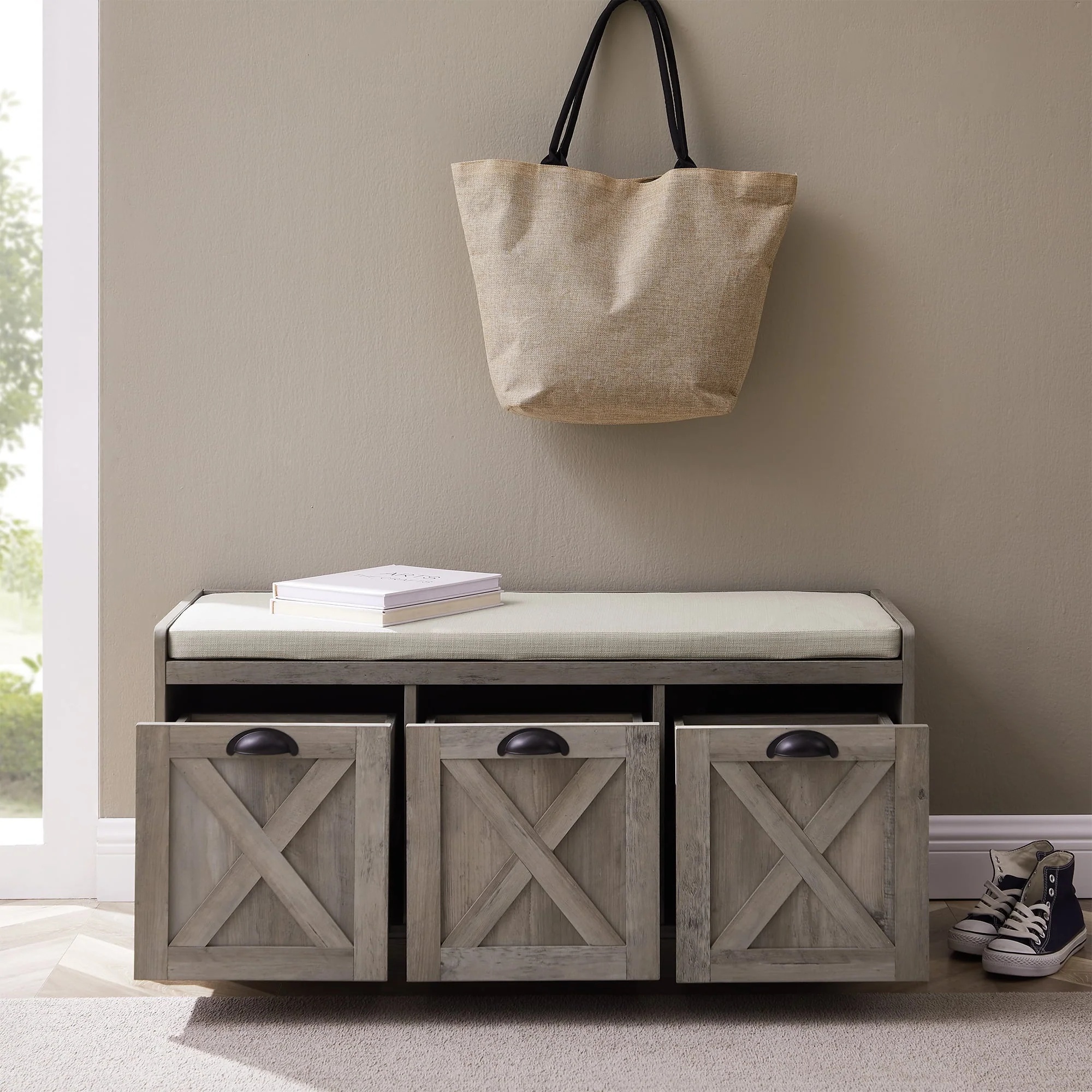 Manor Park Modern Farmhouse 3 Drawer Storage Bench, Grey Wash - Image 5