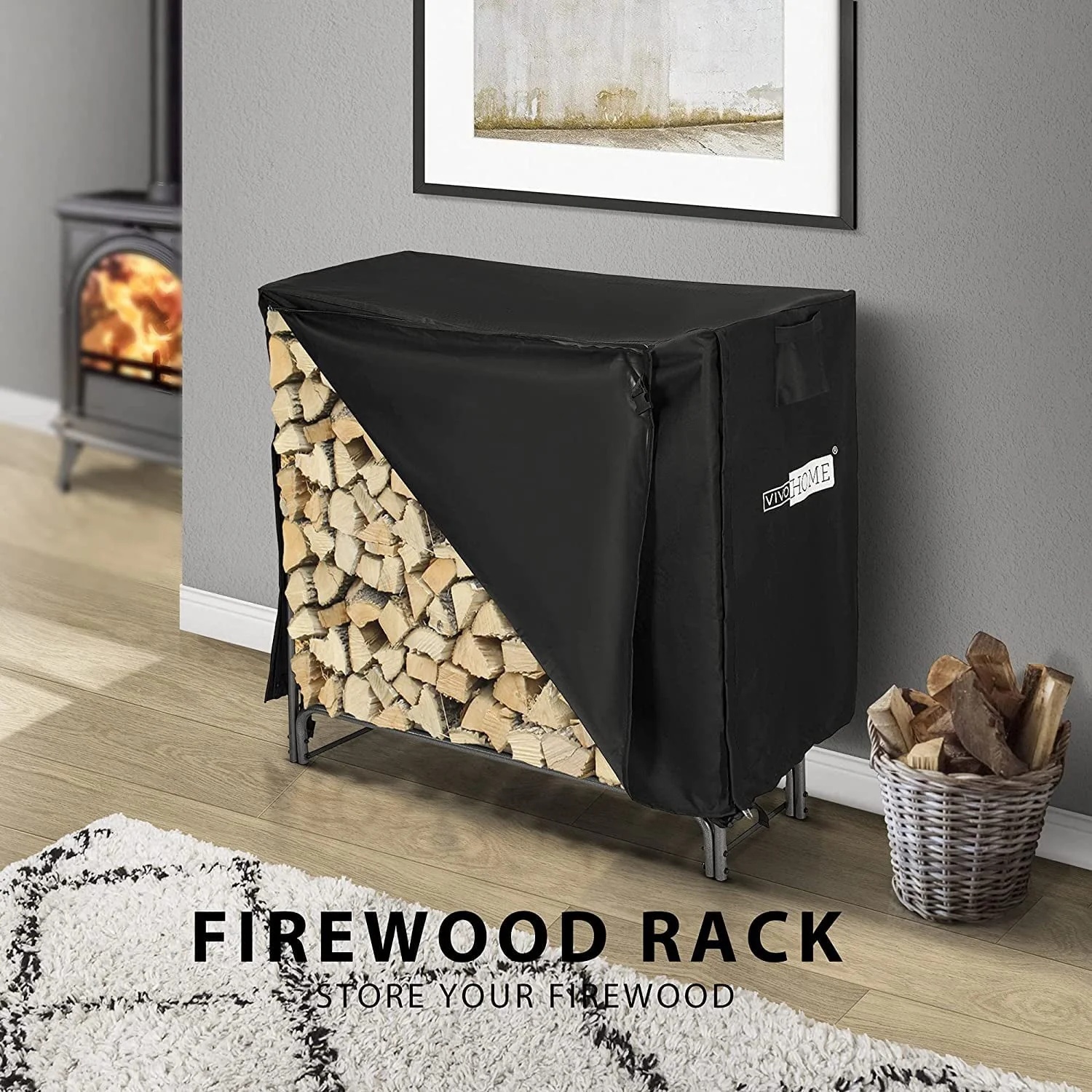 VIVOHOME 4ft Heavy Duty Indoor Outdoor Firewood Storage Log Rack with Cover Combo Set Black - Image 2