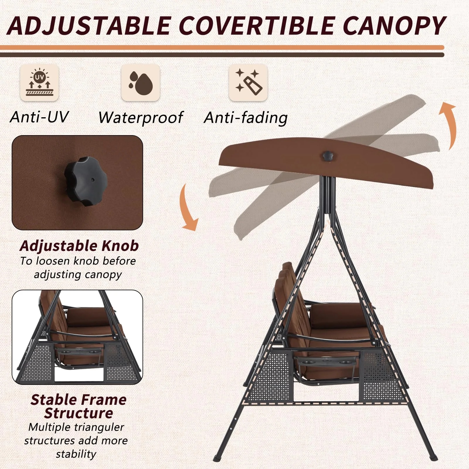 AECOJOY 3 Persons Outdoor Patio Canopy Steel Porch Swing Chair-Beige, Porch Swing - Image 27