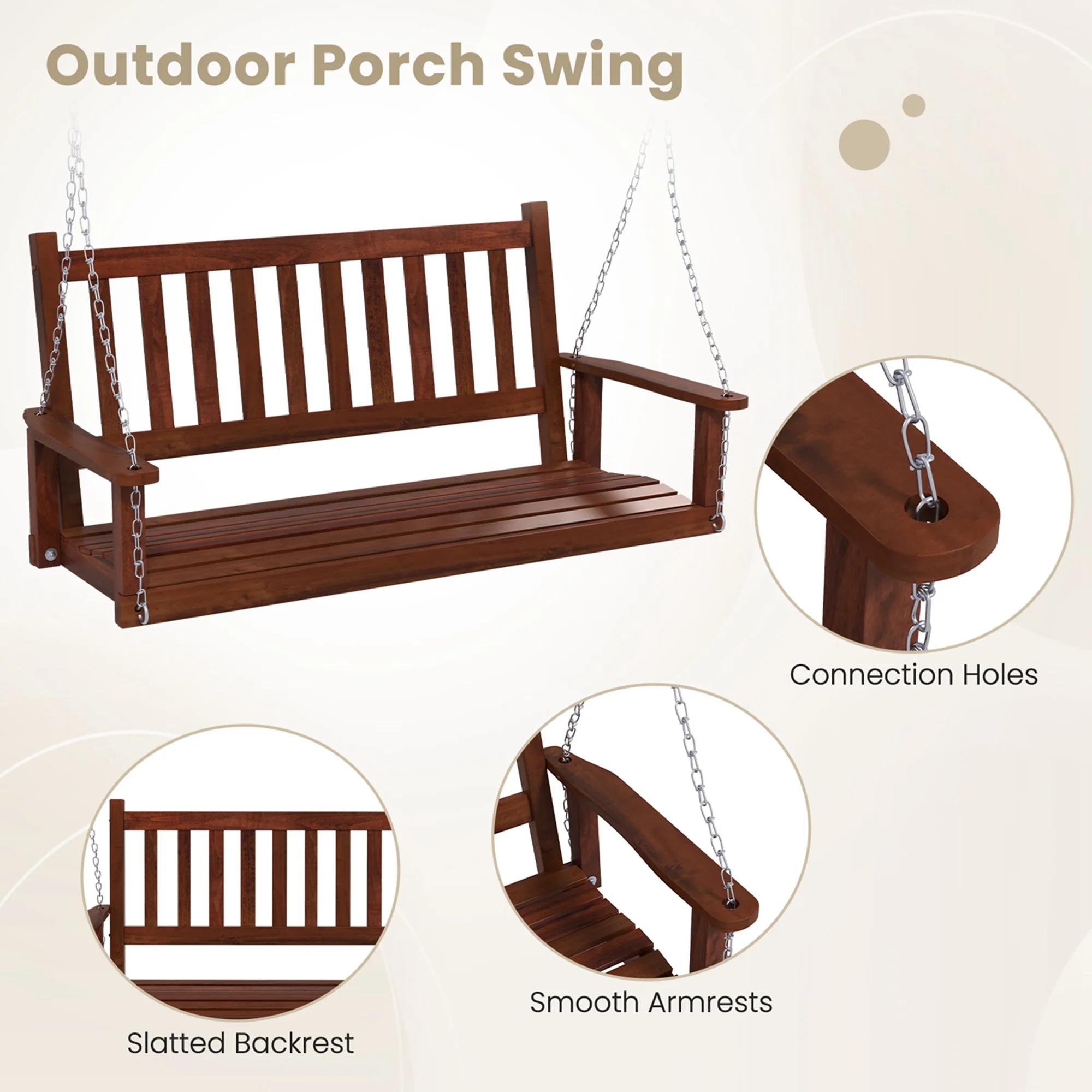 Costway 3-Person Wooden Outdoor Porch Swing Heavy Duty Patio Hanging Bench Chair White - Image 20