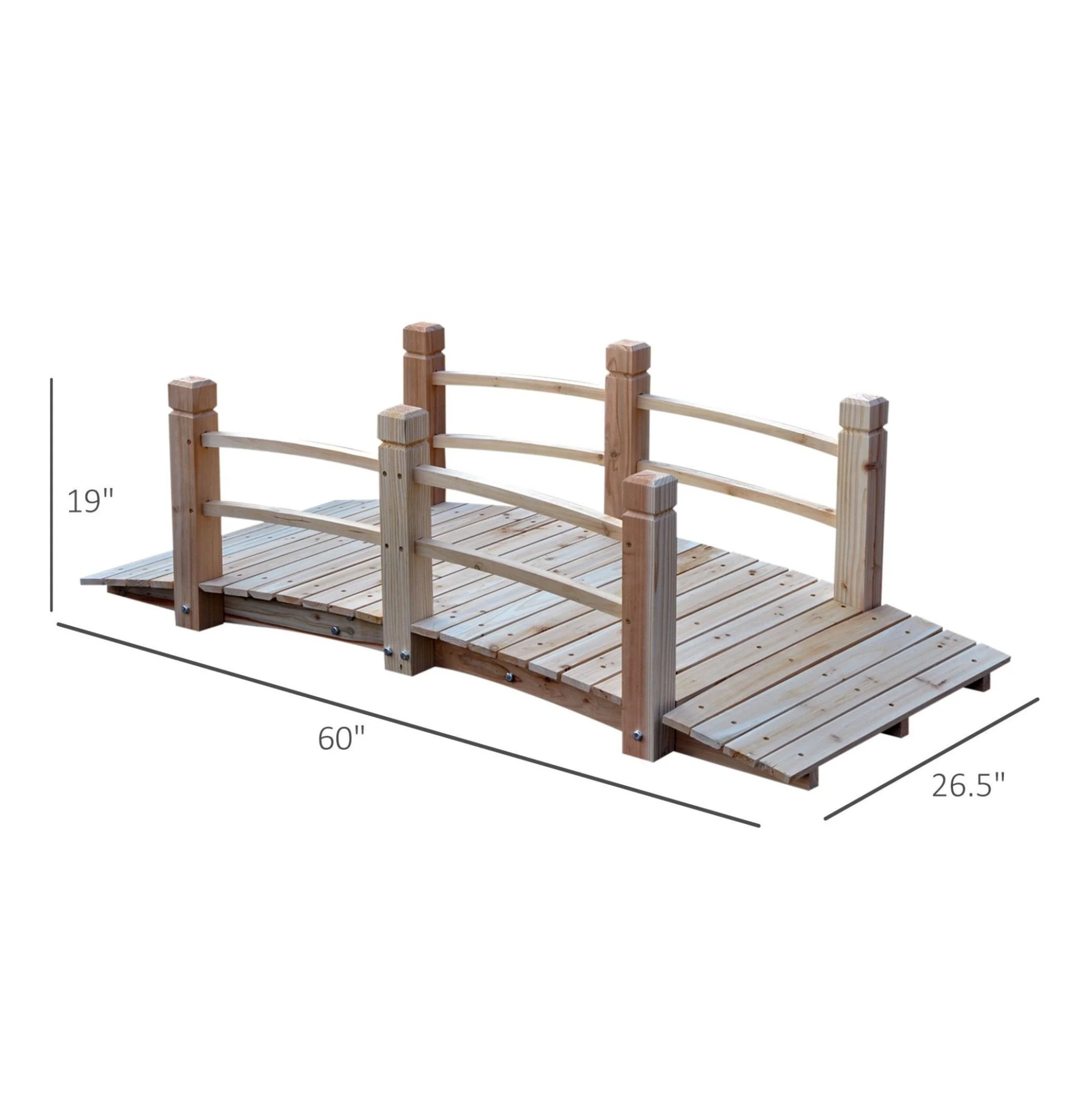5ft Wooden Garden Bridge Arc Footbridge - Natural Wood with Railings for Backyard, Pond & Stream Decor - Image 3