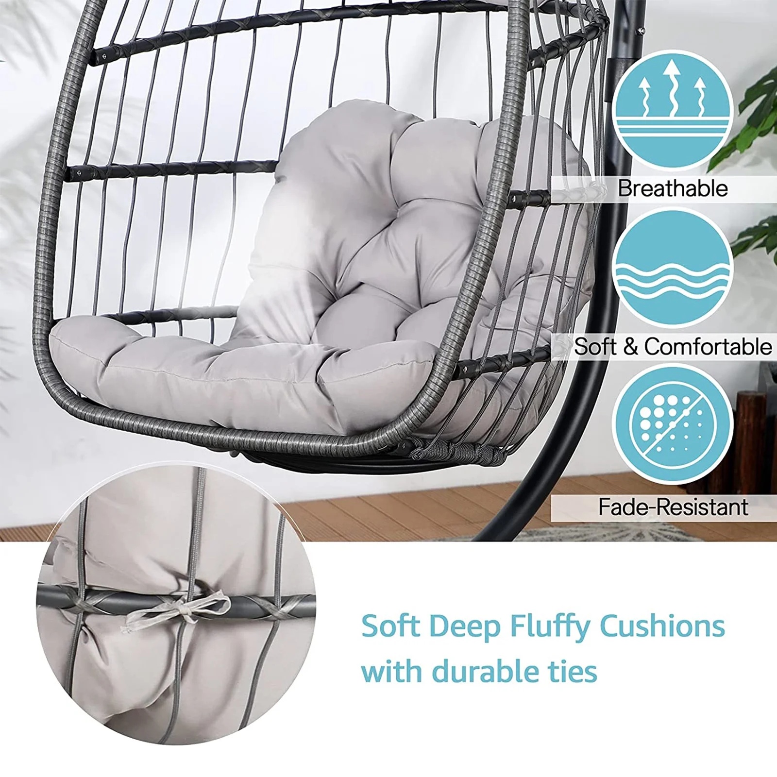Indoor Outdoor Swing Egg Chair with Stand, Patio Foldable Grey Wicker Rattan Hanging Chair with Cushion, Light Gray - Image 4