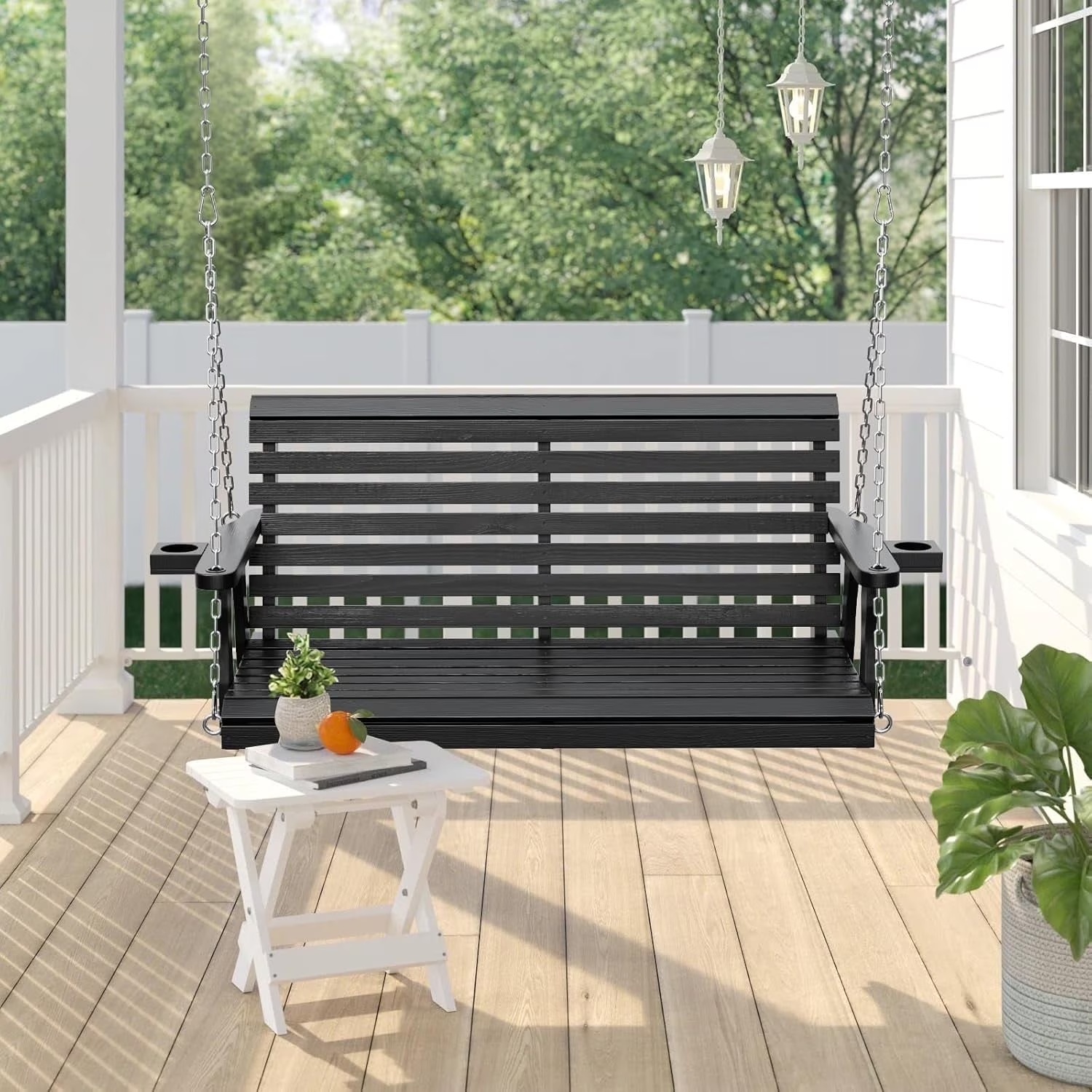 SOLAURA 2 Seat Outdoor Wooden Porch Swing with Cup Holders, Hanging Patio Swing with Hanging Chains, Swing Bench Chair for Backyard Garden Balcony, 440lbs Weight Capacity, Brown - Image 5