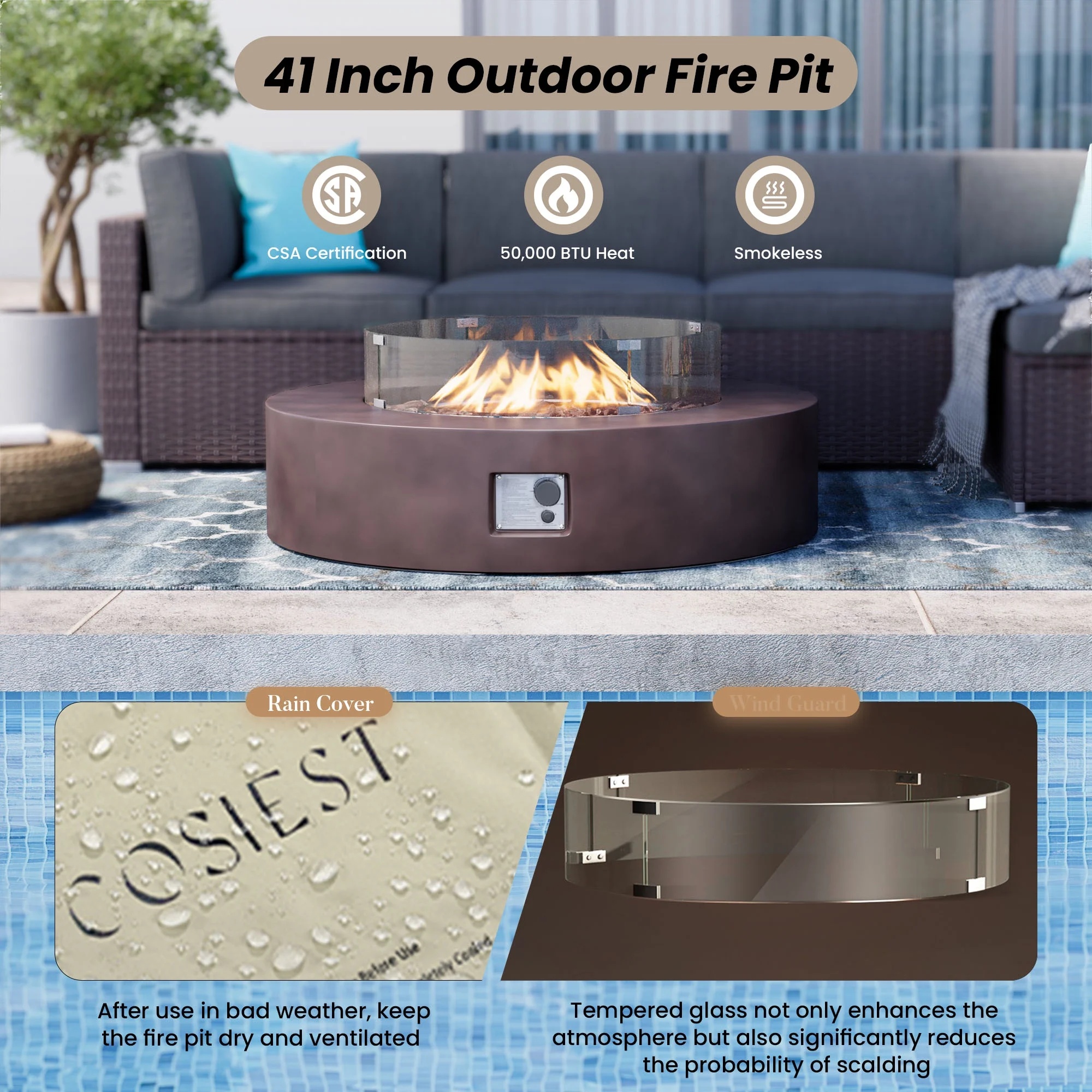 VENTOPYR 40.5-inch Outdoor Propane Fire Pit Coffee Table w Concrete Round Base Patio Heater, 50,000 BTU Stainless Steel Burner, Free Lava Rocks, Wind Guard, Rain Cover - Image 28
