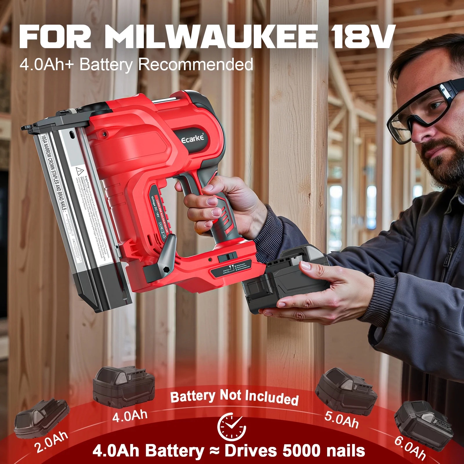 Gauge Electric Nail Gun Compatible with Milwaukee Battery,2 in 1 Cordless Brad Nailer and Stapler with 18GA Nails/Staples,Battery for M18 18V Power,2 Firing Modes for Trim Wood Crafting DIY - Image 8