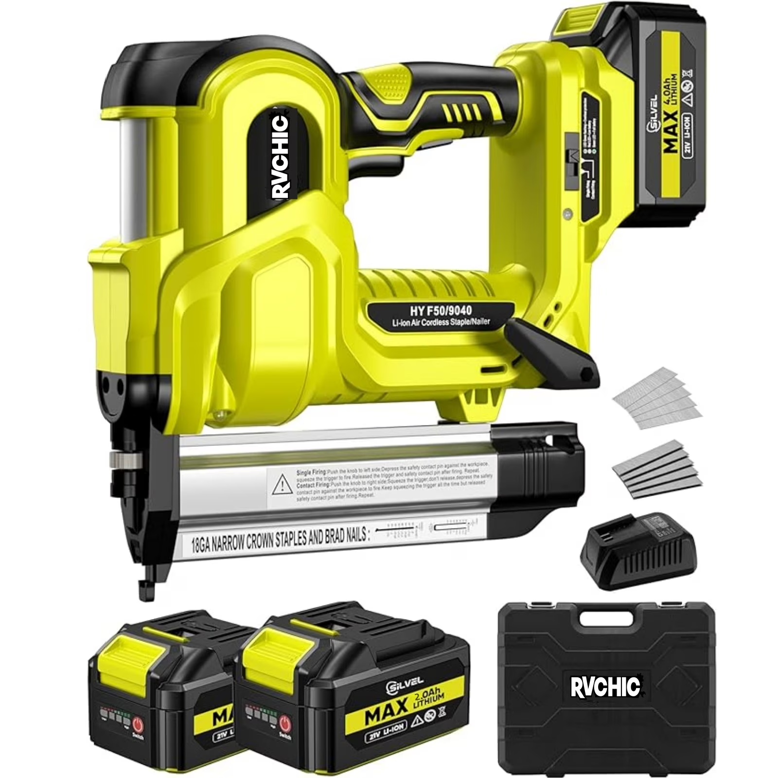 Rvchic 2-in-1 Cordless Electric Brad Nailer with 2 * 2.0Ah Battery for Upholstery,Carpentry and Woodworking,1000pcs Nails,18GA Staples Included,Yellow - Image 3