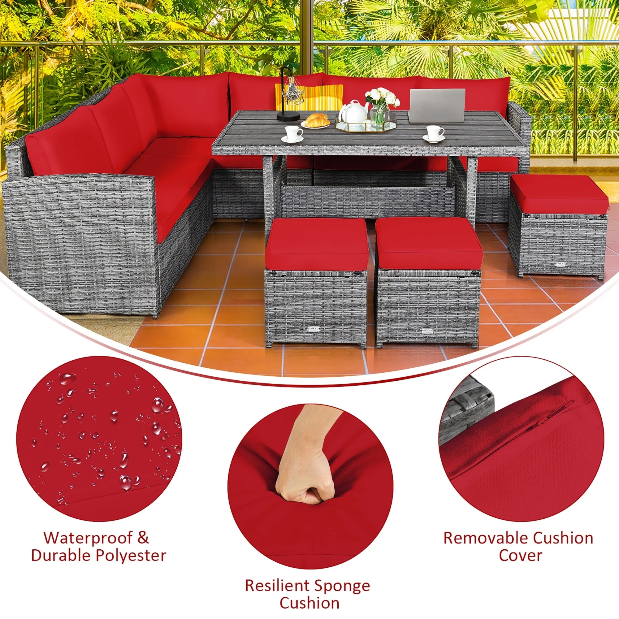 Costway 7 PCS Patio Rattan Dining Set Sectional Sofa Couch Ottoman Garden Red - Image 13