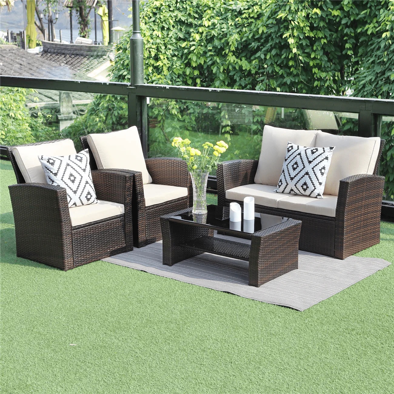Superjoe 4 Pcs Outdoor Patio Furniture Sets, Wicker Rattan Conversation Set with Coffee table, Brown - Image 7