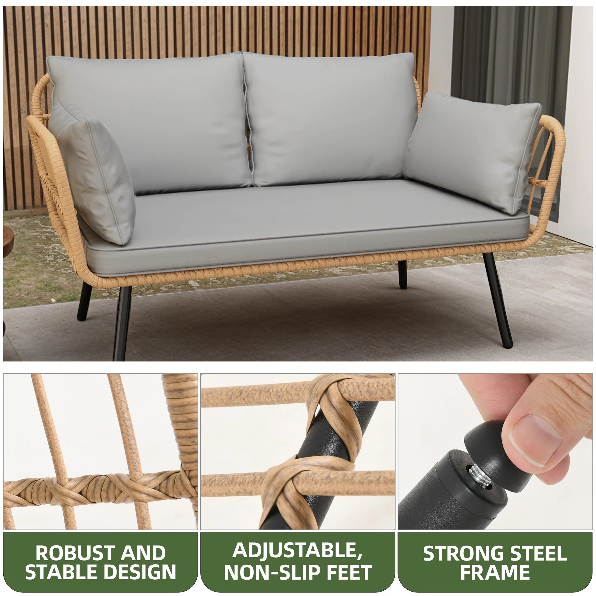 Uforic Outdoor Wicker Loveseat with Cushions and Rattan Side Table, All-Weather 2 Pieces Bistro Patio Conversation Furniture Set -Beige - Image 38