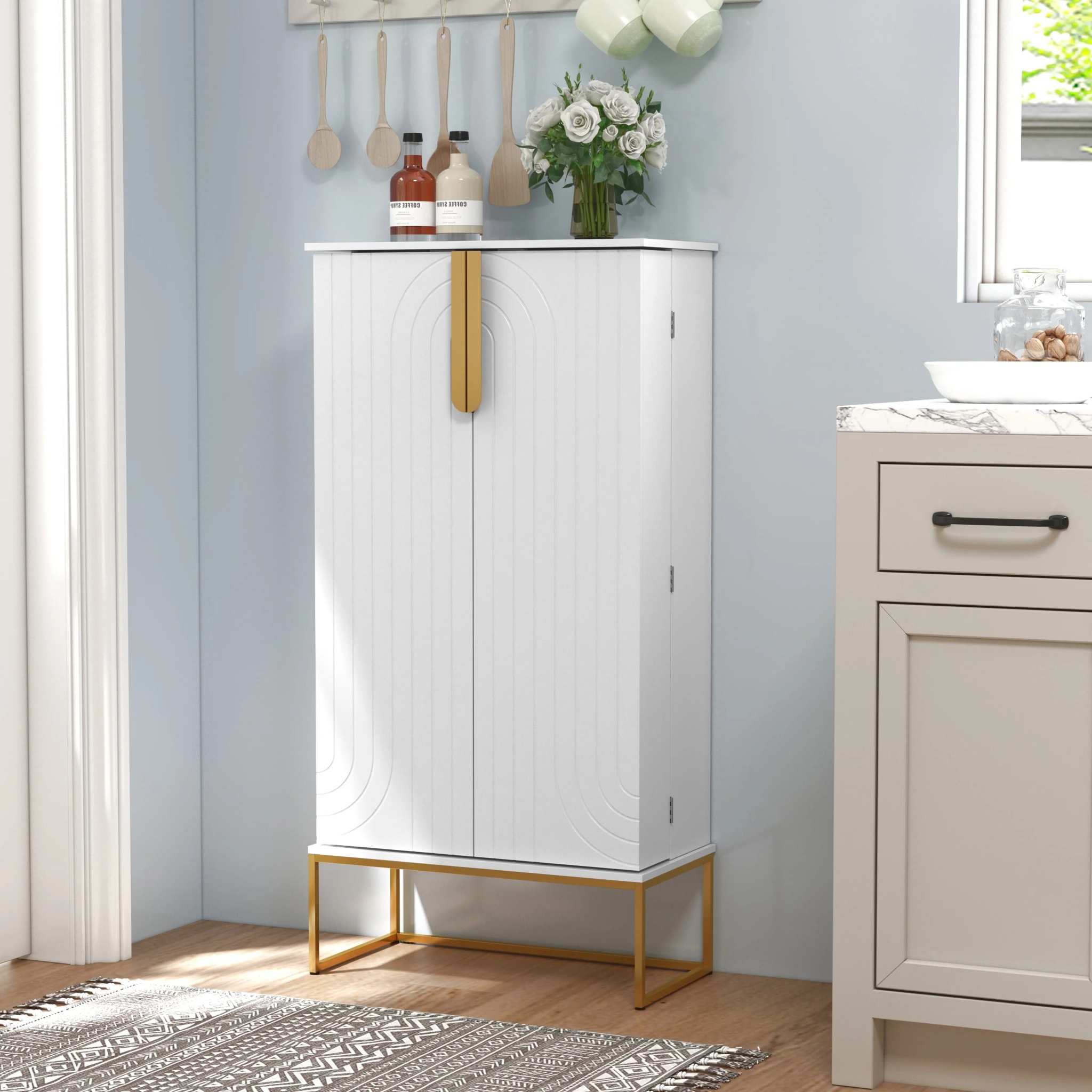 HLR 46 inches White Pantry Cabinets, Kitchen Pantry with Doors and Shelves for Kitchen, White Pantry Storage Cabinet with Black Metal Base for Living Room and Dining Room - Image 2