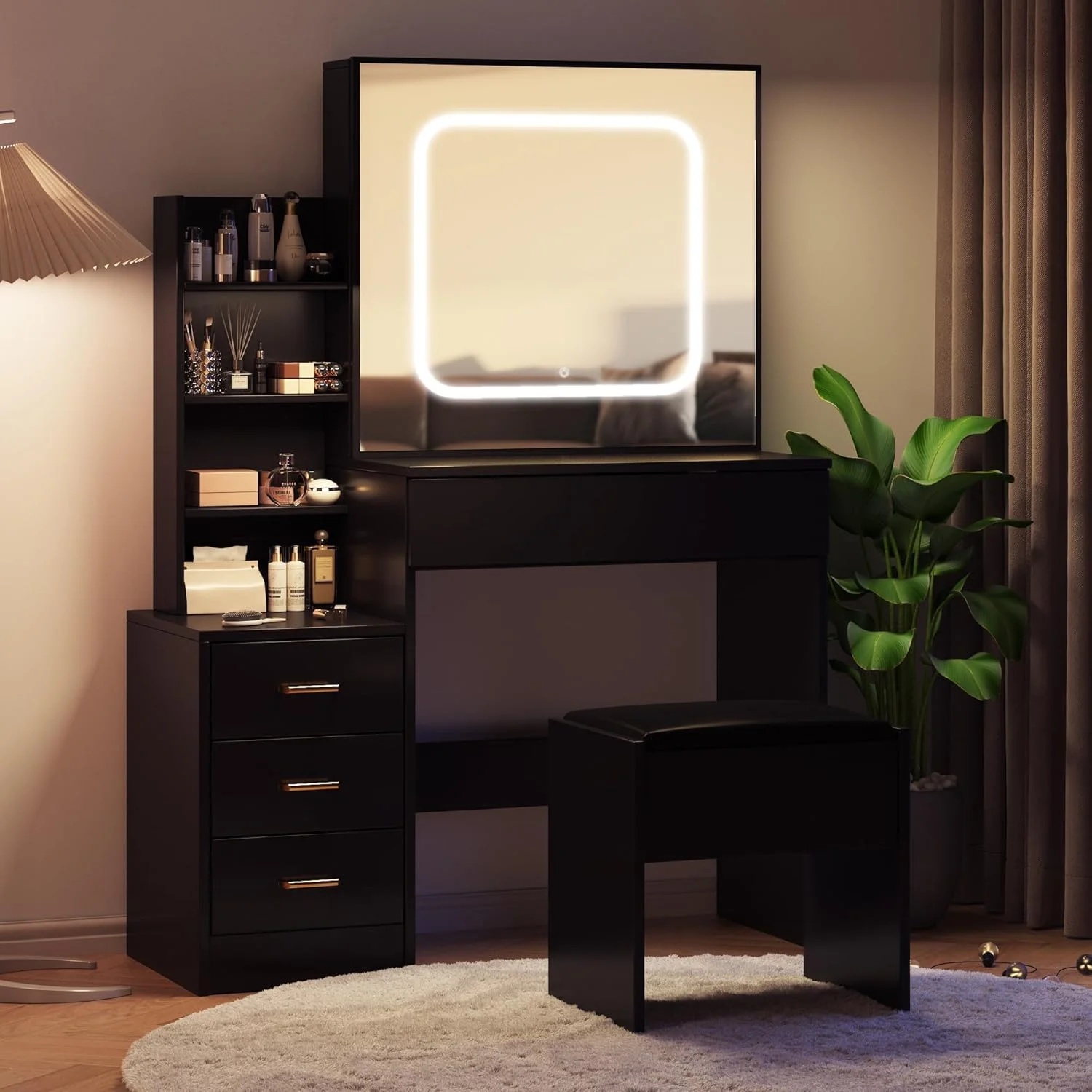 Vanity Desk with Sliding Mirror and Lights, Makeup Vanity Set with Power Outlet, 4 Drawers, Stool, Open Shelves, 3 Color Lighting Modes, Brightness Adjustable, Makeup Dressing Table for Bedroom - Image 2