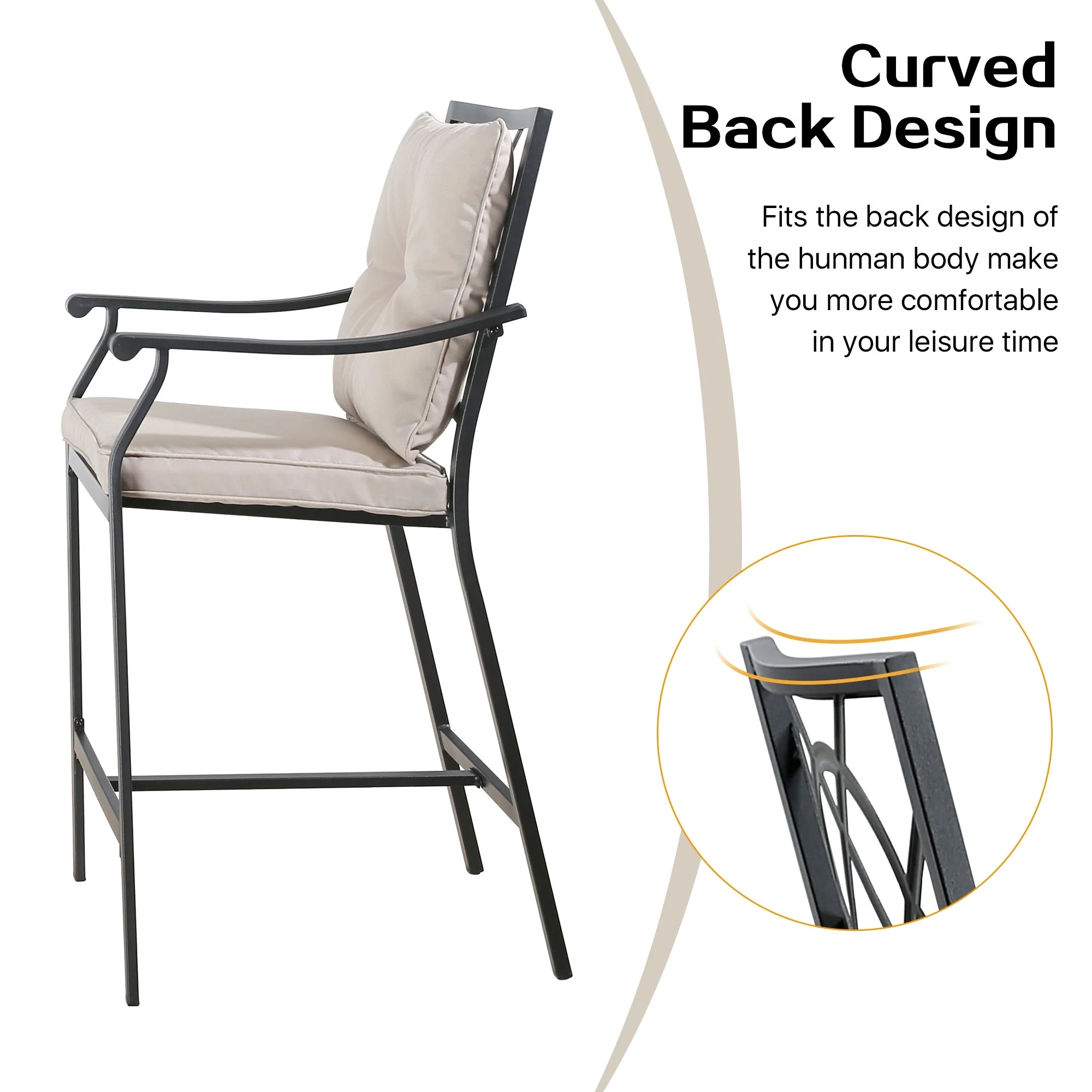 Ulax Furniture Outdoor Bar Stools Metal Patio Counter Height Bar Stool Chairs with Beige Cushion, Set of 2 - Image 12
