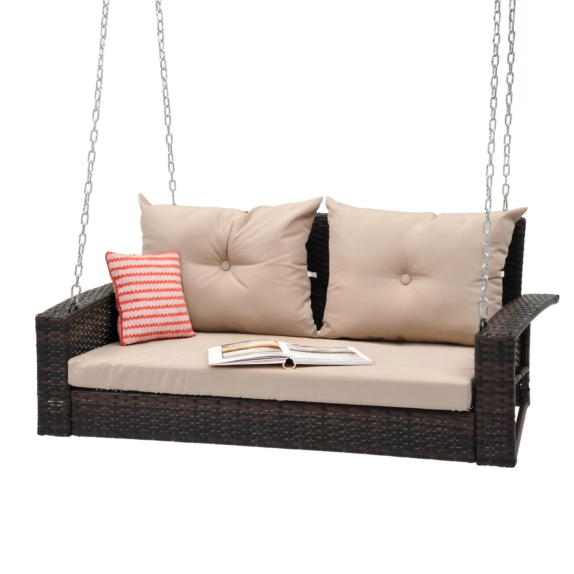 Dextrus 2-Seats Wicker Hanging Porch Swing Chair Outdoor Black Rattan Patio Swing Lounge w/ 2 Back Cushions Capacity 770lbs for Garden, Balcony, Living Room, Beige - Image 7
