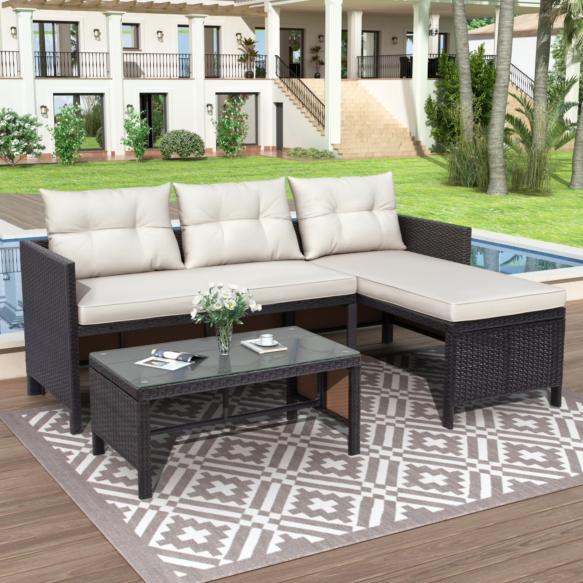 Outdoor Patio Furniture Set of 3, Rattan Wicker Outdoor Swivel Glider Rocker w/Table and Cushions, Brown - Image 5