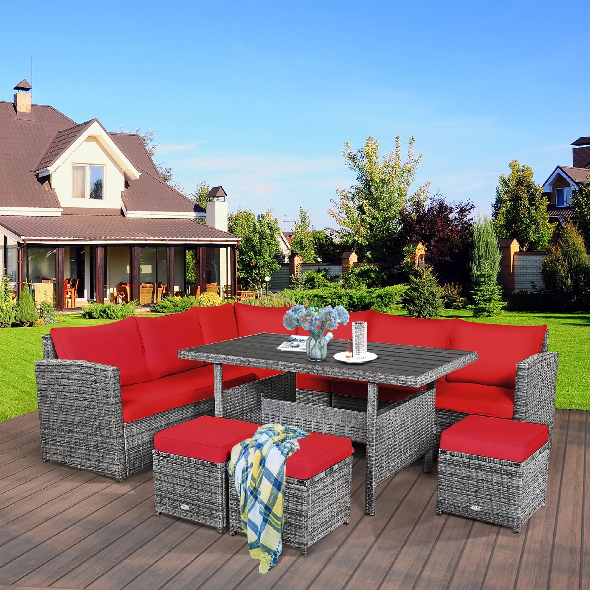 Costway 7 PCS Patio Rattan Dining Set Sectional Sofa Couch Ottoman Garden Red - Image 3