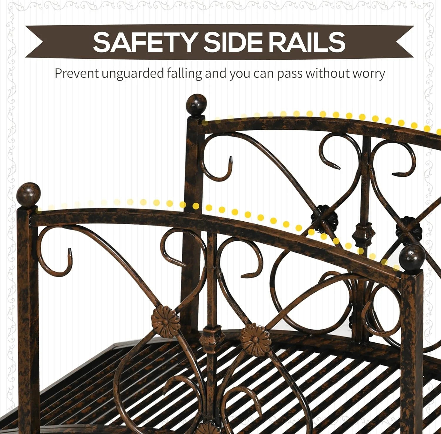 Metal Arch Zen Garden Bridge with Safety Siderails, Decorative Footbridge, Delicate Floral Scrollwork for Stream, Fish Pond, Brown - Image 4