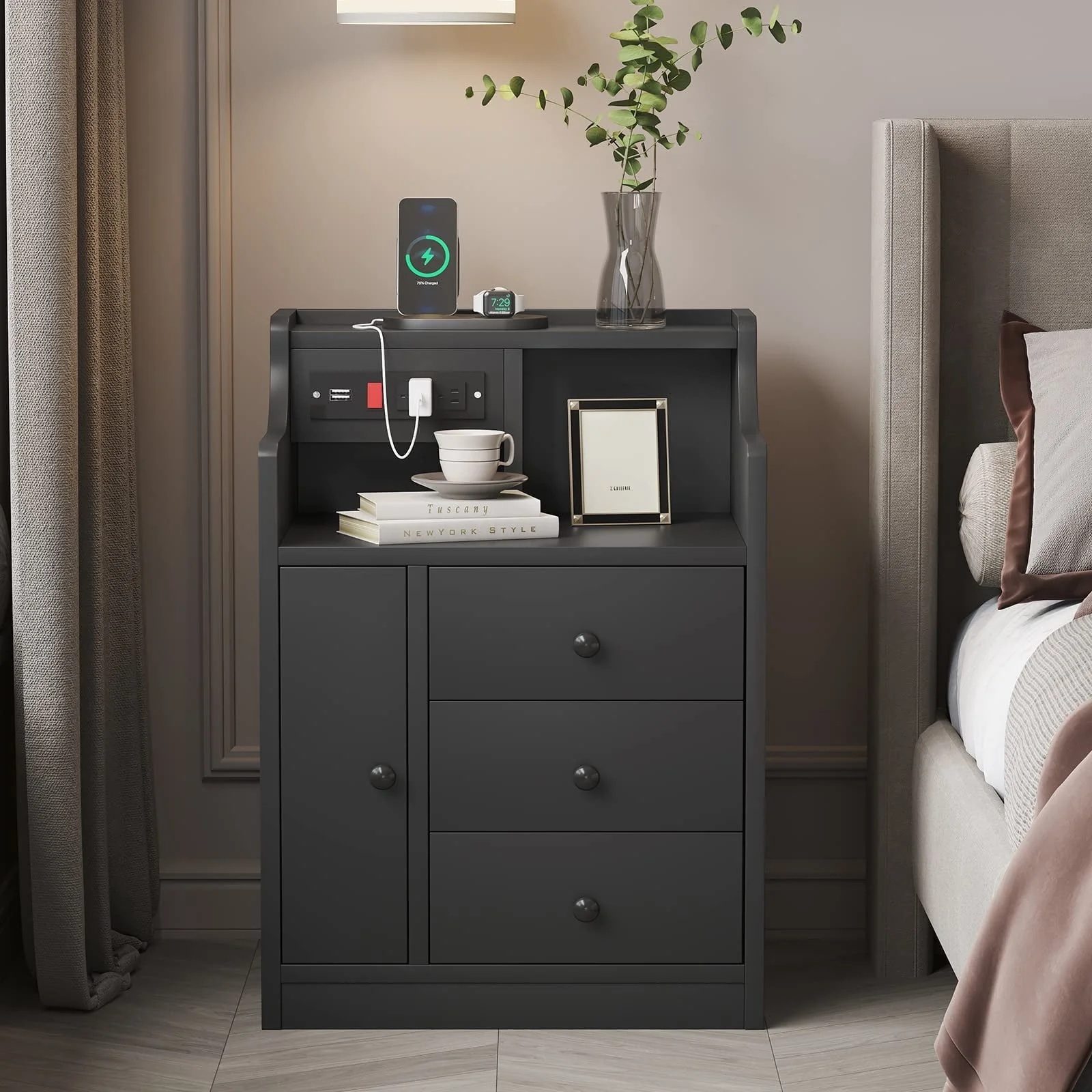 Nightstand with 3 Storage Drawers and Hutch, Black Night Stand with Charging Station End Side Table with 1 Door, Modern Bedside Table for Bedroom