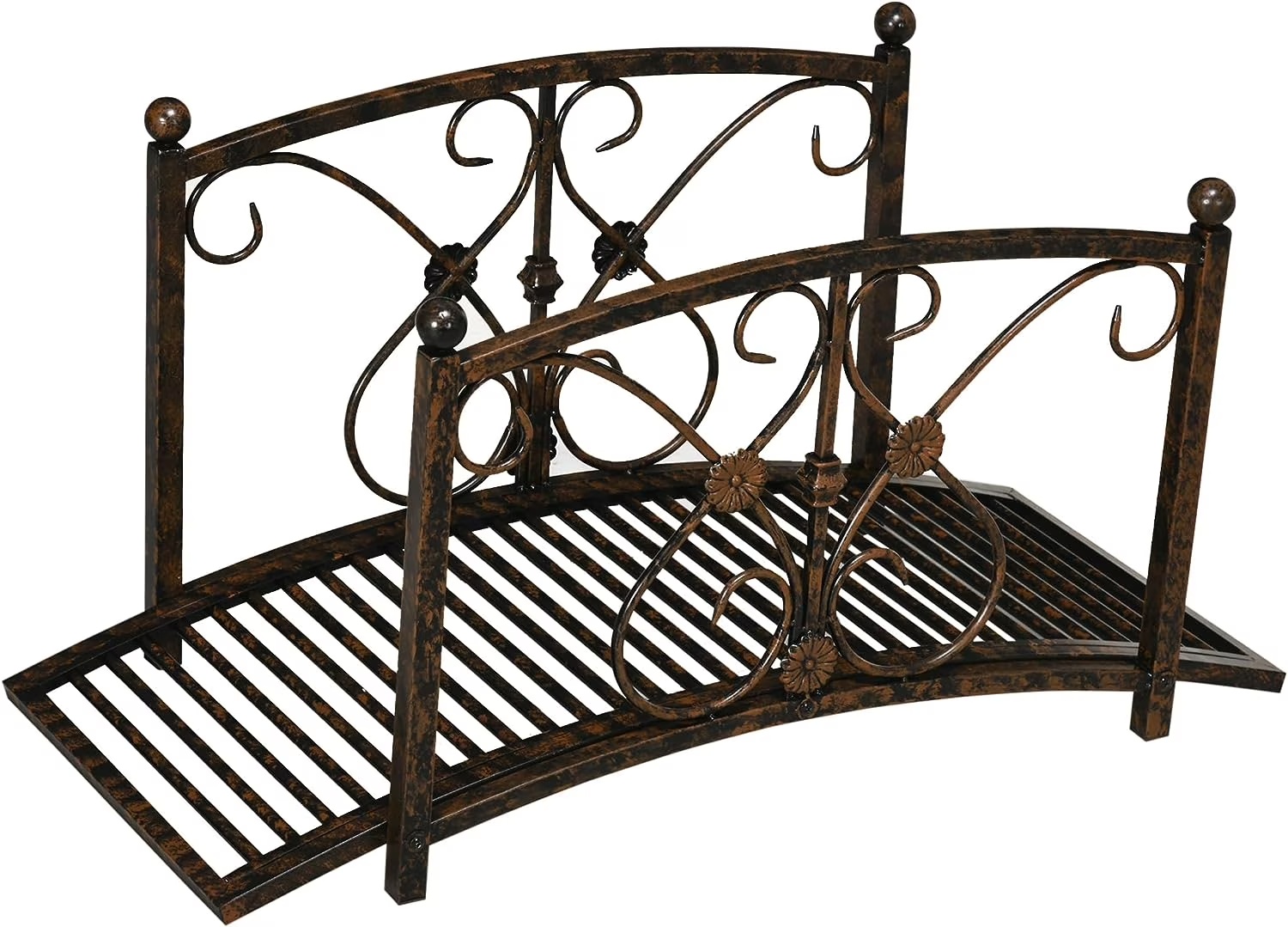 Metal Arch Zen Garden Bridge with Safety Siderails, Decorative Footbridge, Delicate Floral Scrollwork for Stream, Fish Pond, Brown