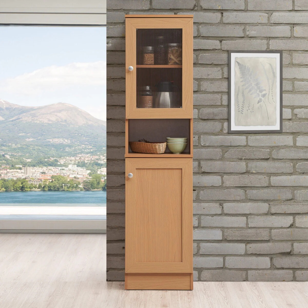 63" Tall Slim Open Shelf Plus Top and Bottom Enclosed Storage Kitchen Pantry in Beech - Image 3